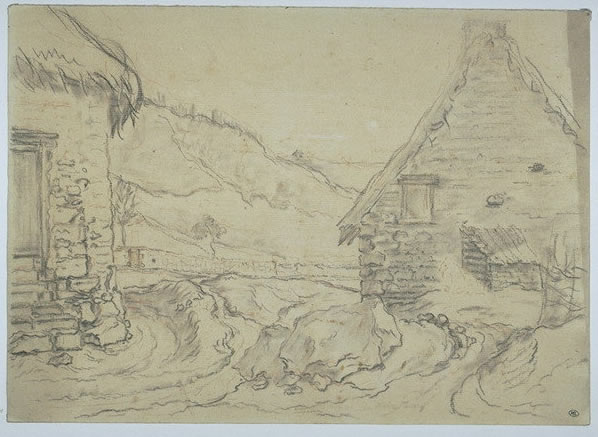 Paysage avec deux chaumières par Jacques-Augustin de Silvestre
