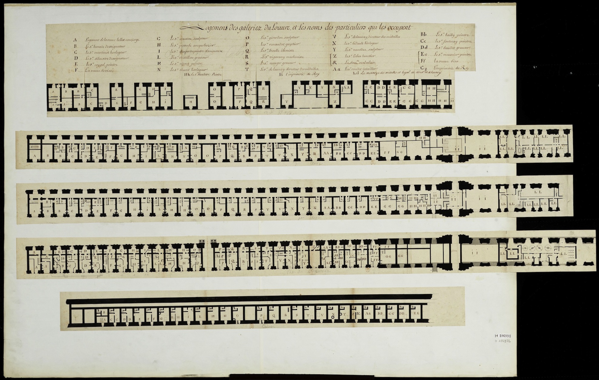 Logemens des galeries du Louvre et les noms des particuliers qui les occupentVers 1713Voir cote DBibliothèque nationale de FranceCela correspond à la période où Charles François Silvestre occupait le logement.Le plan, qui date d'environ 1710, se lit de bas en haut, montre les caves, le rez-de-chaussée, l'entresol, le premier étage, et le deuxième étage. Au niveau de l'entresol et du premier étage, un couloir  reliait les logements côté Seine, tandis que l'entrée principale de chaque logement se faisait au rez-de-chaussée du côté opposé, par la rue des Orties.