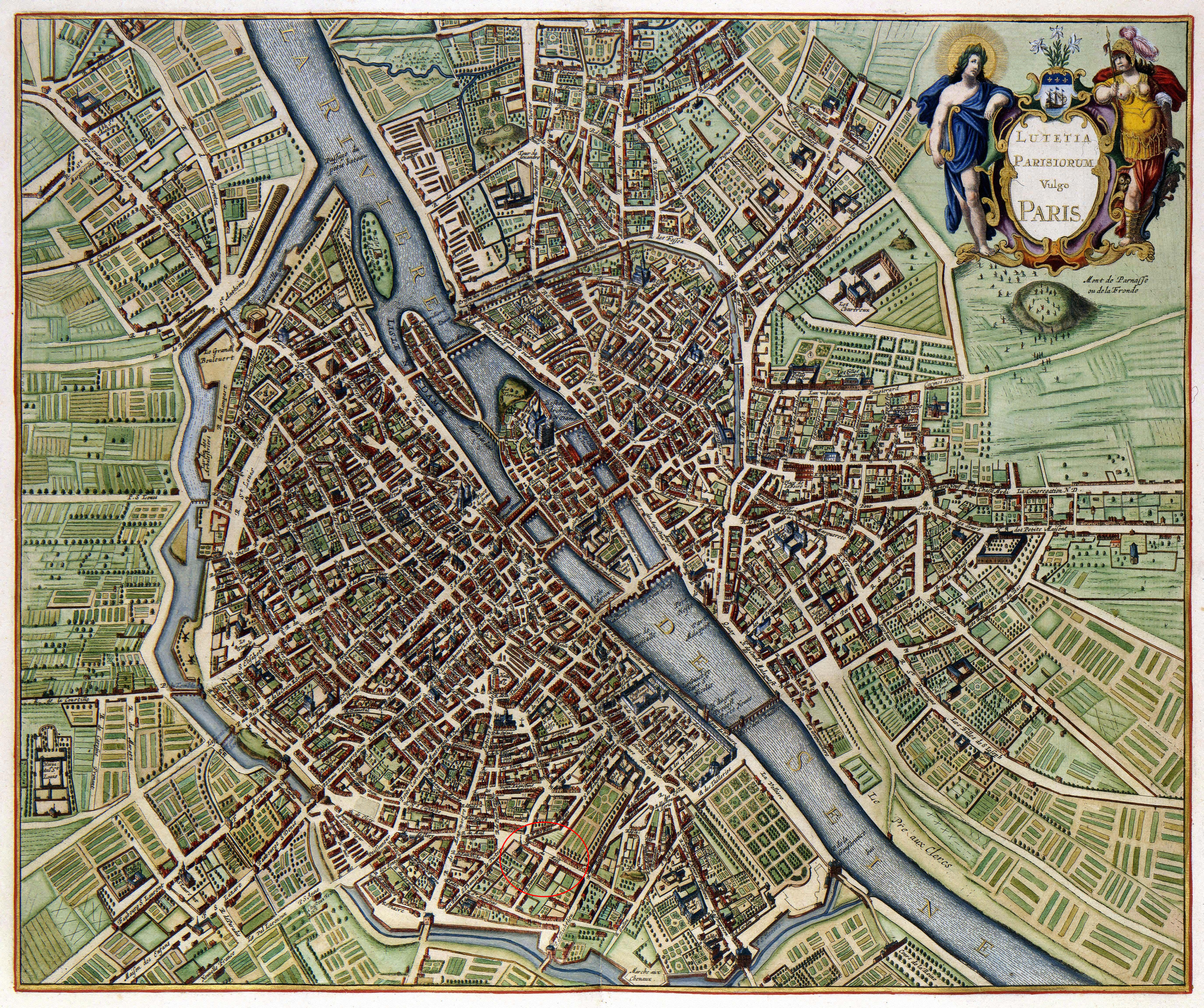Paris en 1657Plan de Janssonius (publié en 1657 et dessiné entre 1638 et 1652).
La rue du Mail a été cerclée en rouge. On peut aussi voir la rue des Orties au Louvre. Attention le nord est plutôt en bas !