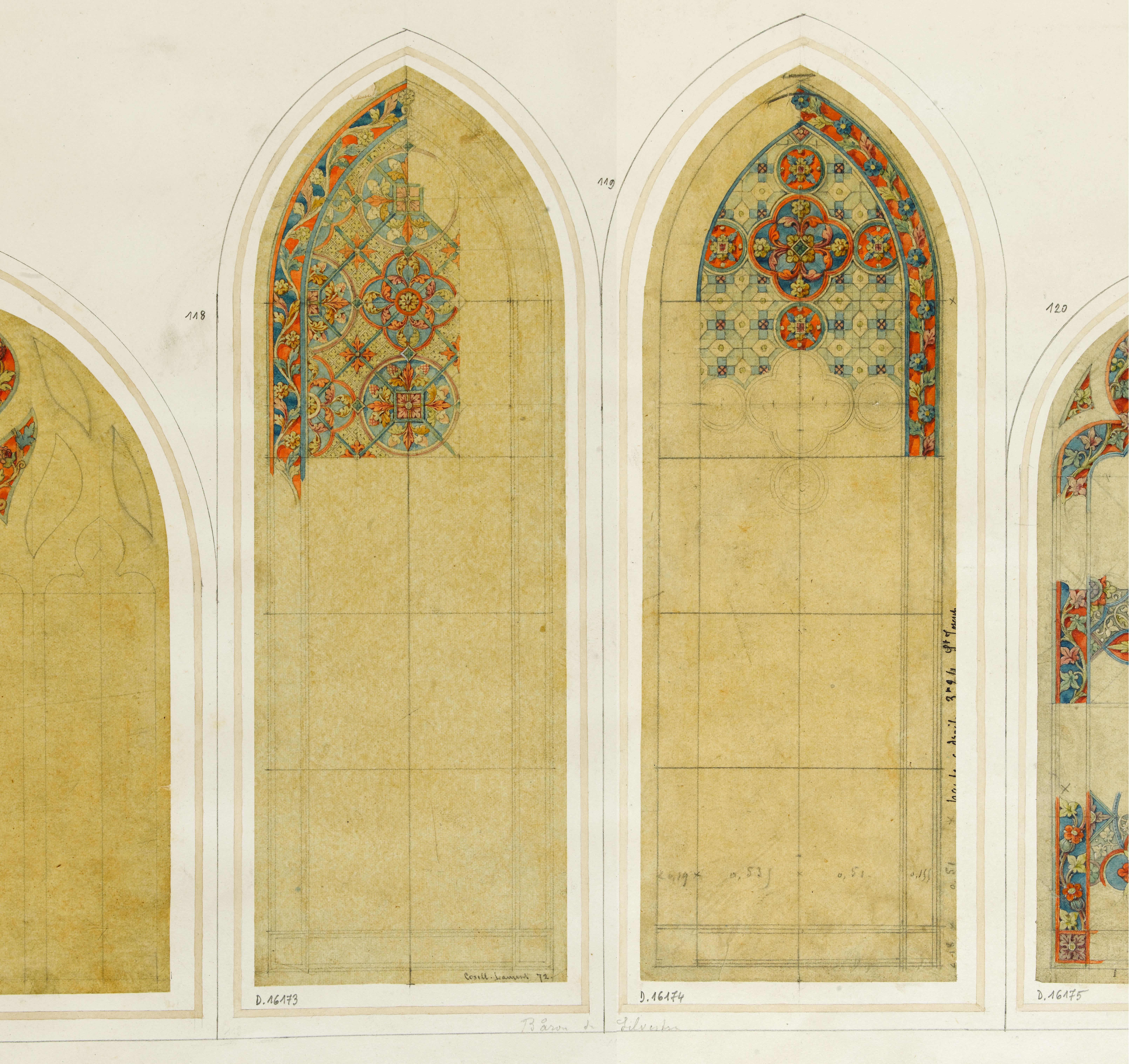 Projet de vitrail pour le baron de Silvestre : ornements gothiquesGsell-Laurent, peintre-verrierAquarelle, Crayon - Hauteur : 24 cm, Largeur : 8.2 cm Source : Musée Carnavalet - INV D.16173 et D.16174Le carton de droite, par Gsell-Laurent, présente des similitudes avec les vitraux ornementaux 5 et 7 : quadrilobes et pointes, hexagones juxtaposés etc… Ces derniers ont cependant, probablement, été exécutés, simplifiés, par un autre verrier.