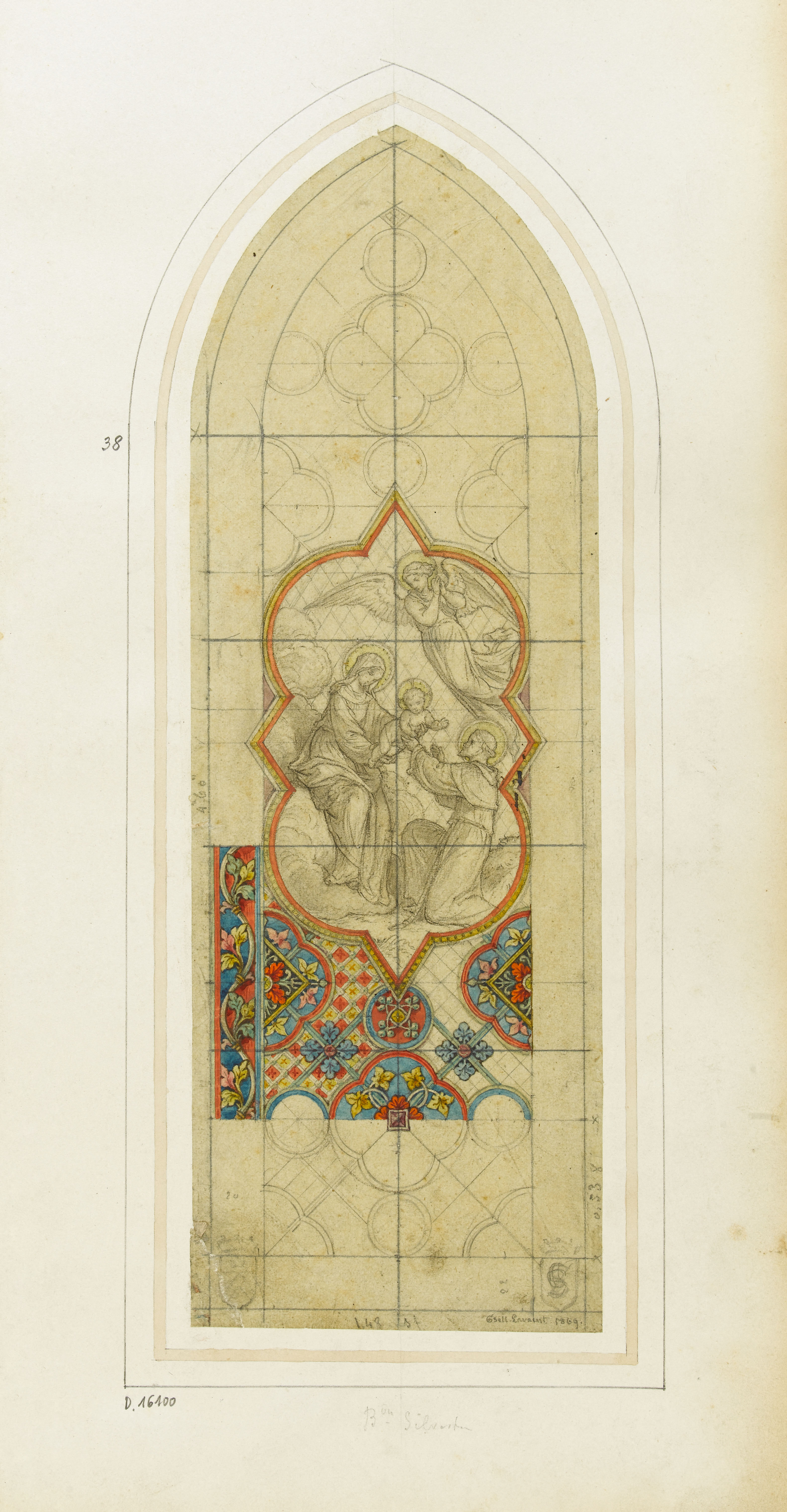Projet de vitrail pour le baron de Silvestre : Vierge à l'enfant et saint FrançoisGsell-Laurent, peintre-verrier - 1869Crayon, Aquarelle, Gouache, Pierre noire - Hauteur : 23,8 cm, Largeur : 8.1 cm Source : Musée Carnavalet INV D.16100Voir le vitrail 9.