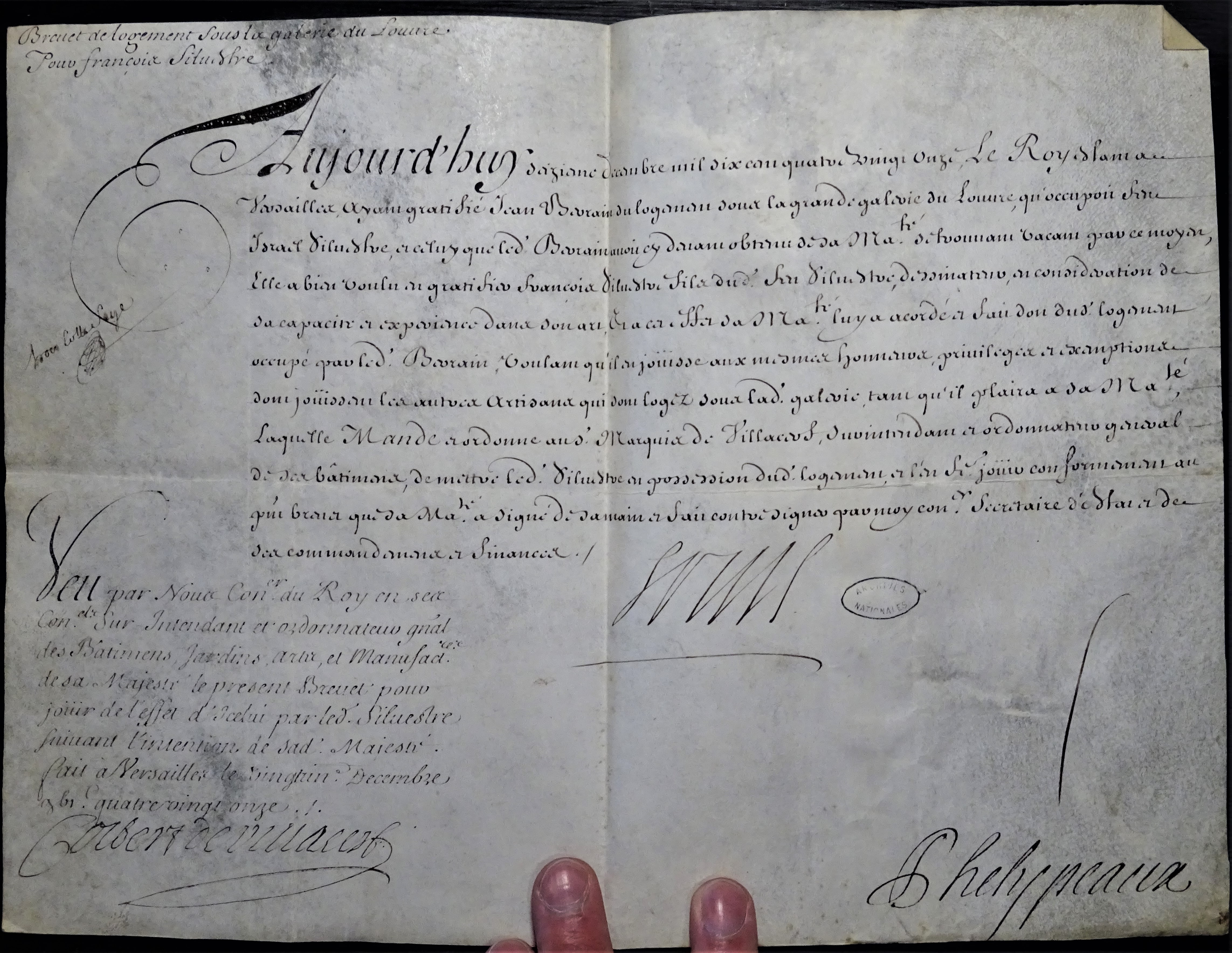 Brevet de logement sous la Grande Galerie du Louvre pour Charles-François Silvestre - Document 1