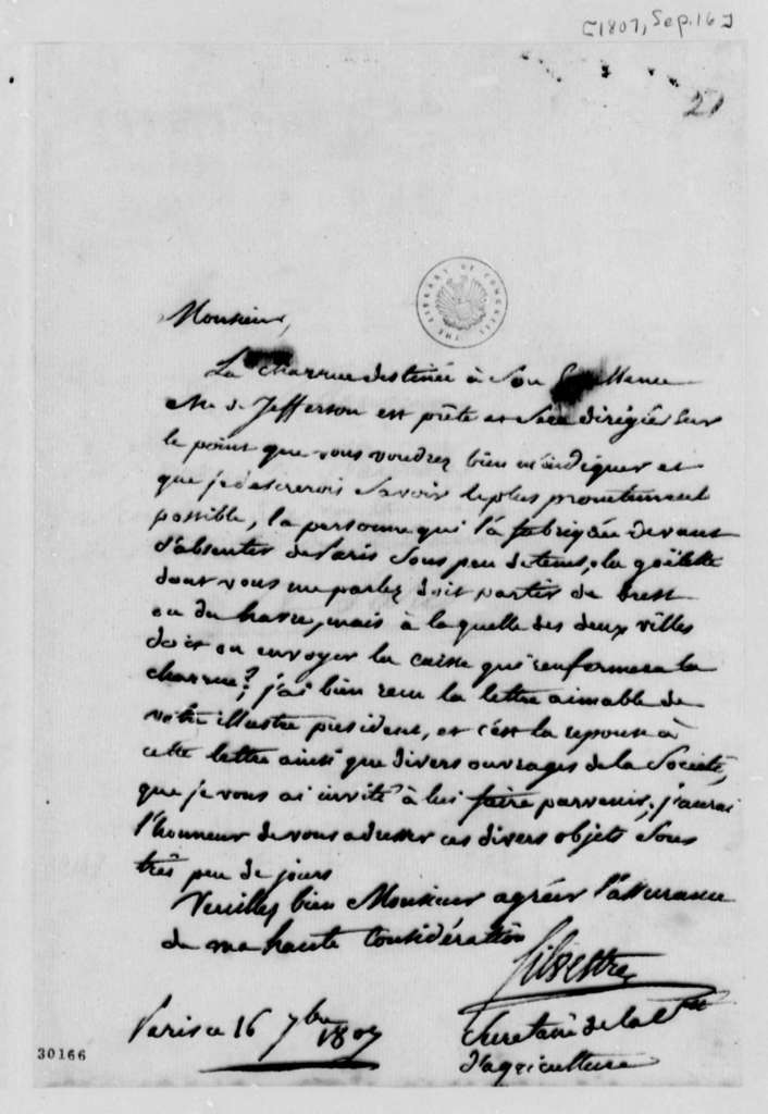 Lettre de Augustin-François de Silvestre à David Bailie Warden - Page 1