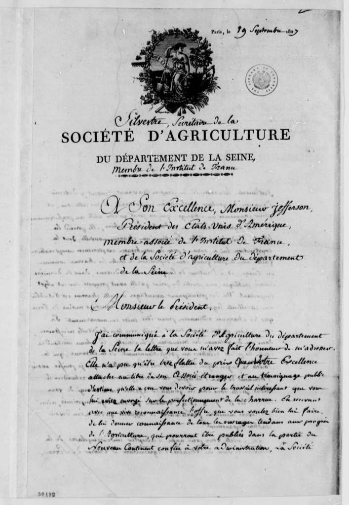 Lettre de Augustin-François de Silvestre à Thomas Jefferson - Page 1