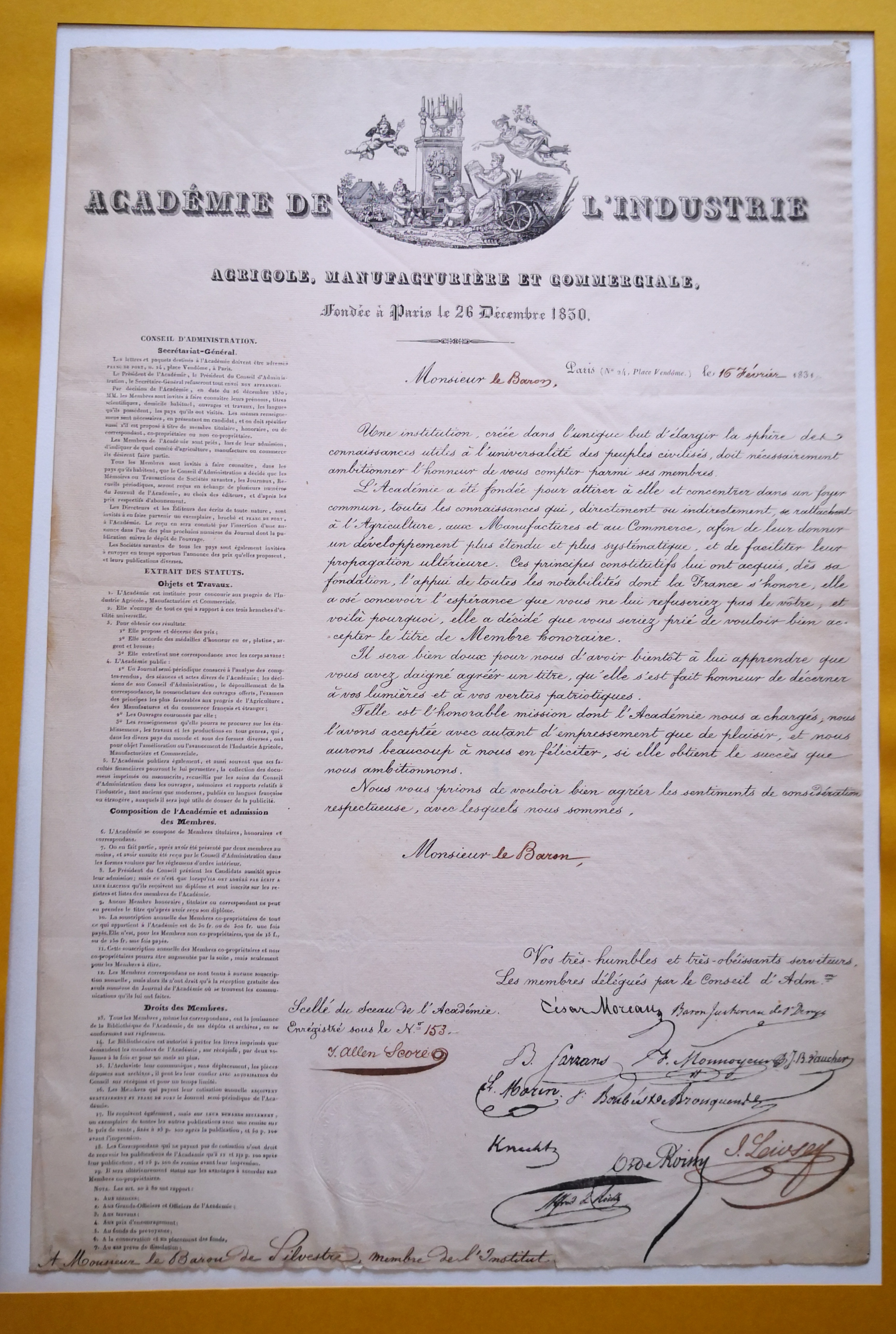  Lettre de membre honoraire de la Académie de l