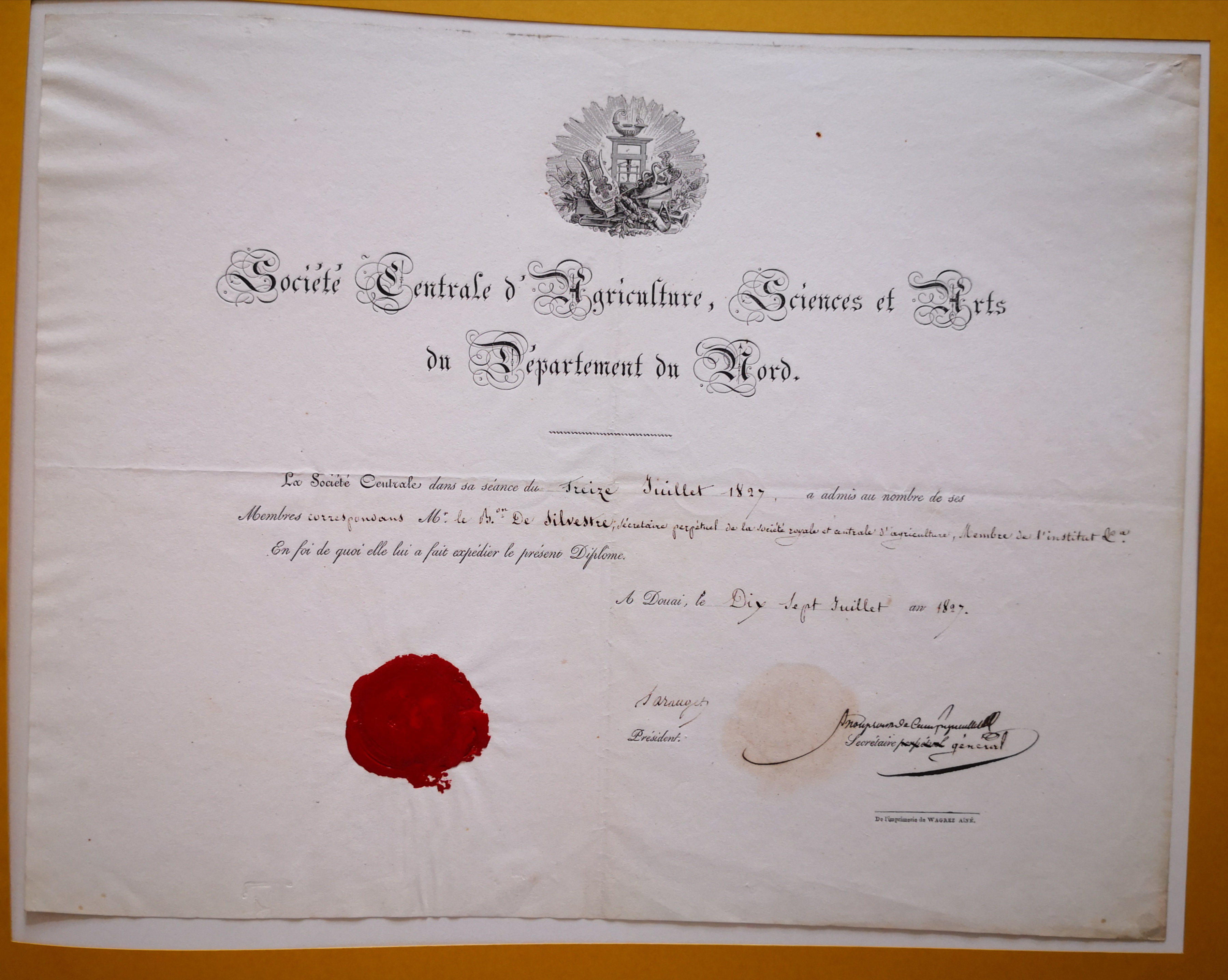  Diplôme de membre correspondant de la Société Centrale d