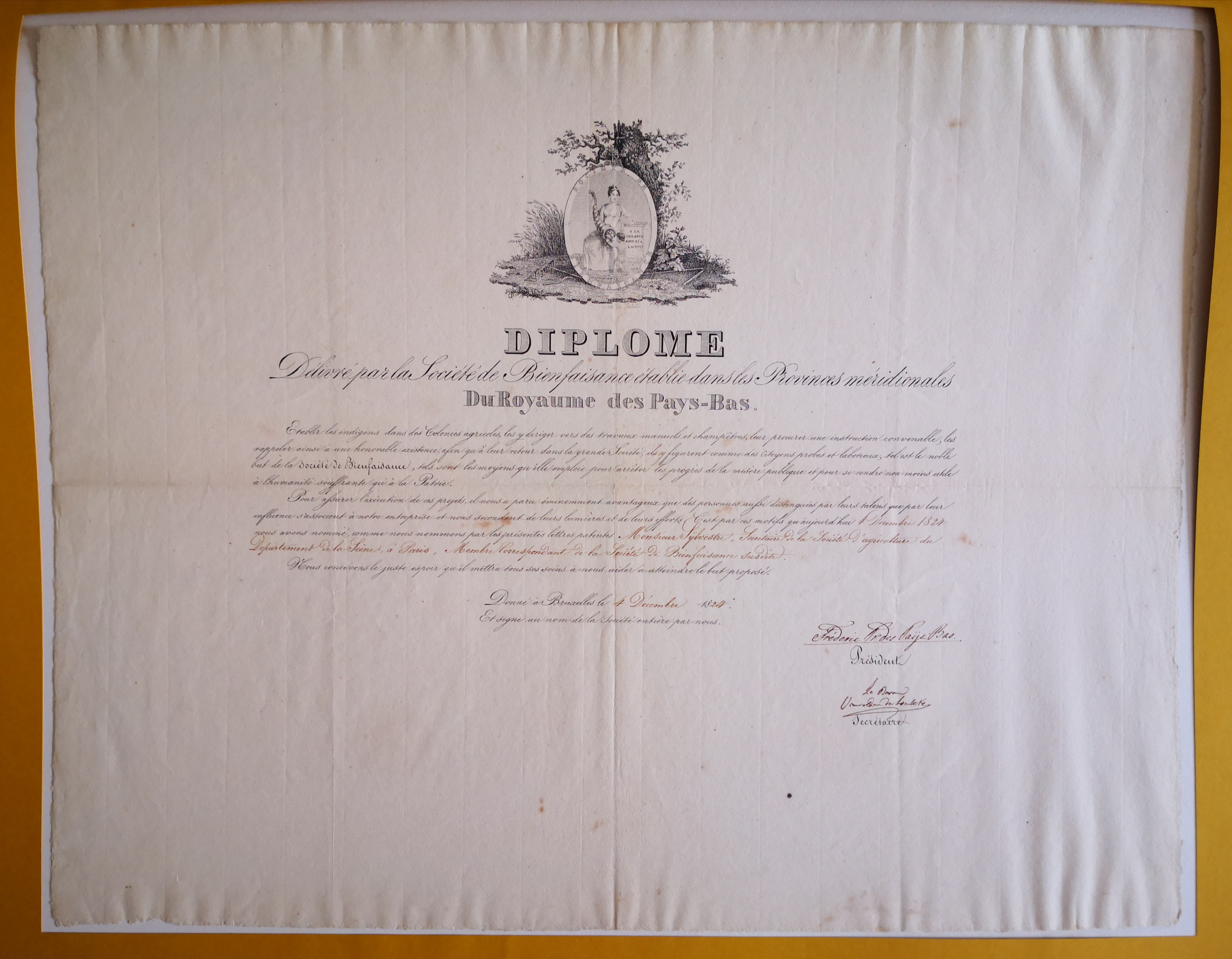  Diplôme de membre correspondant de la Société de Bienfaisance des Provinces Méridionales des Pays-Bas décerné à Augustin-François de Silvestre - Document 1