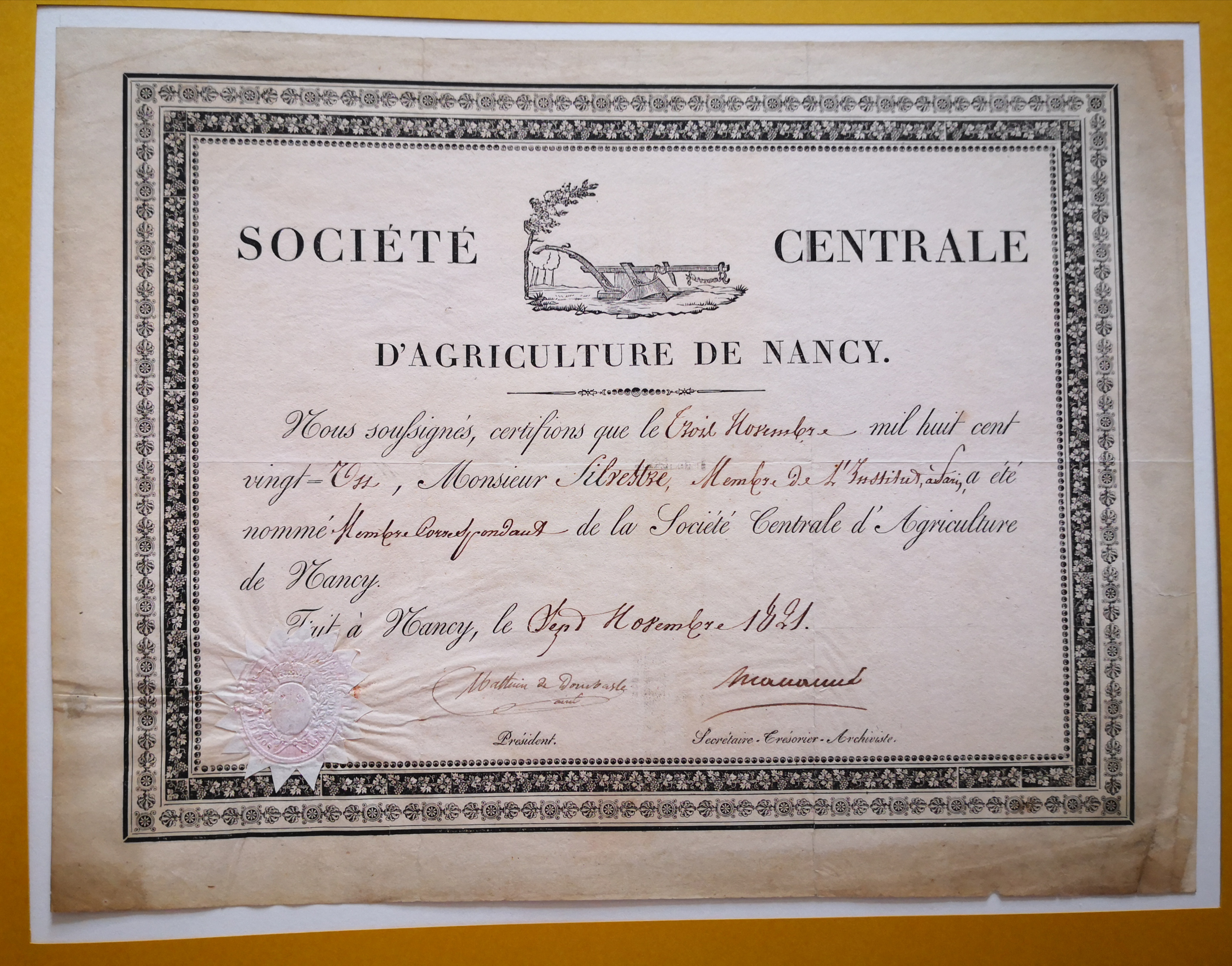  Diplôme de membre correspondant de la Société Centrale d