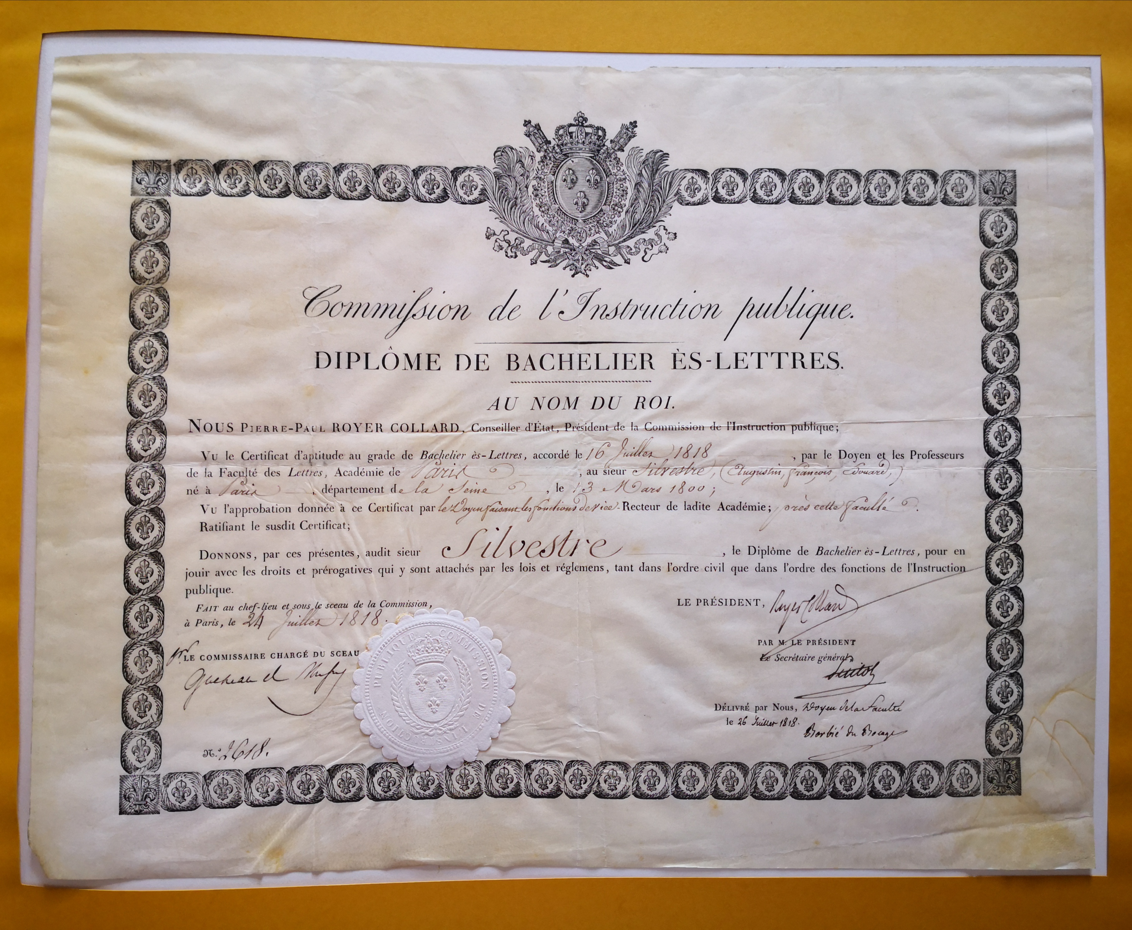  Diplôme de bachelier ès lettres décerné à Édouard de Silvestre - Document 1