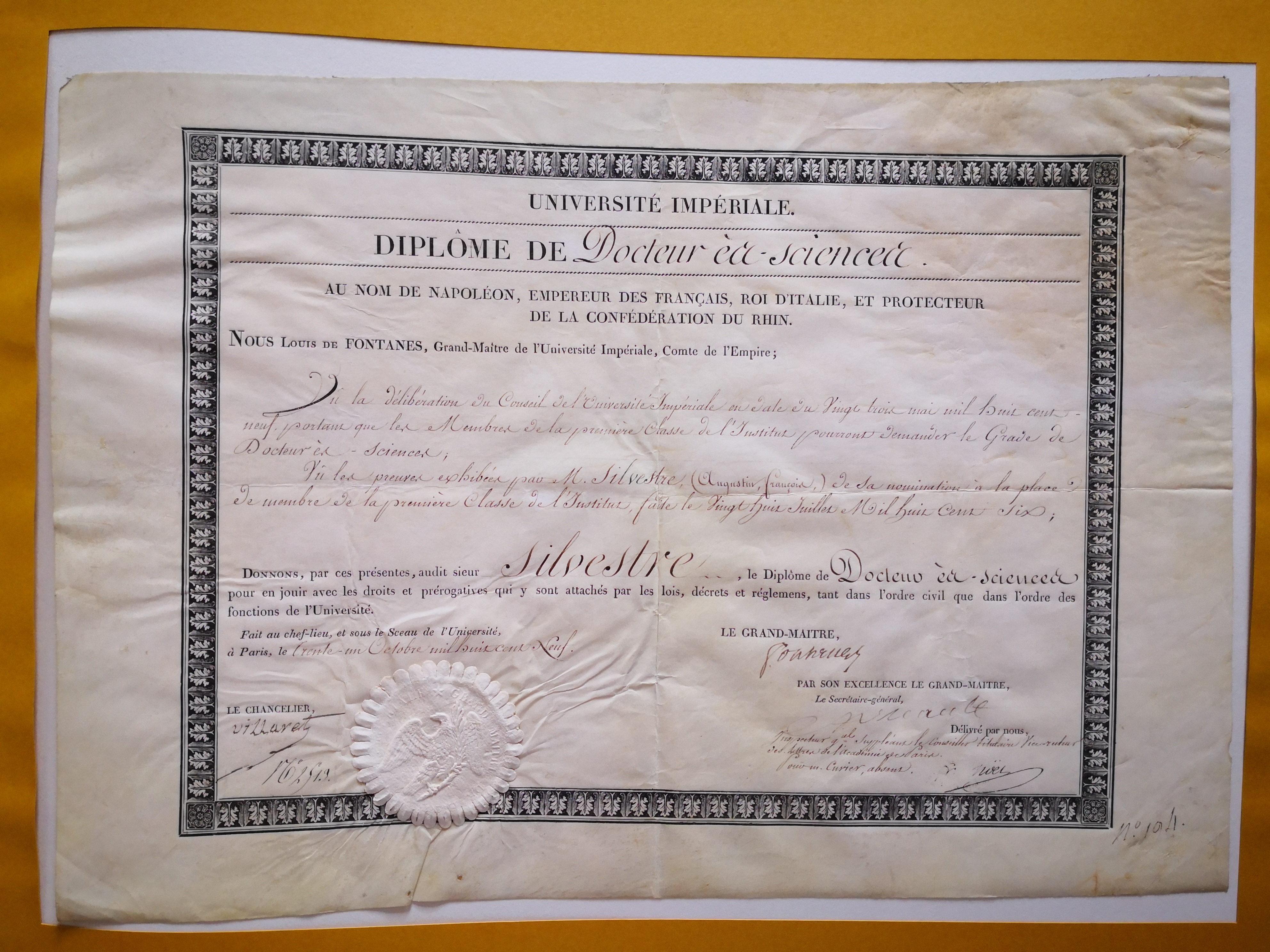  Diplôme de Docteur ès Sciences décerné à Augustin-François de Silvestre - Document 1