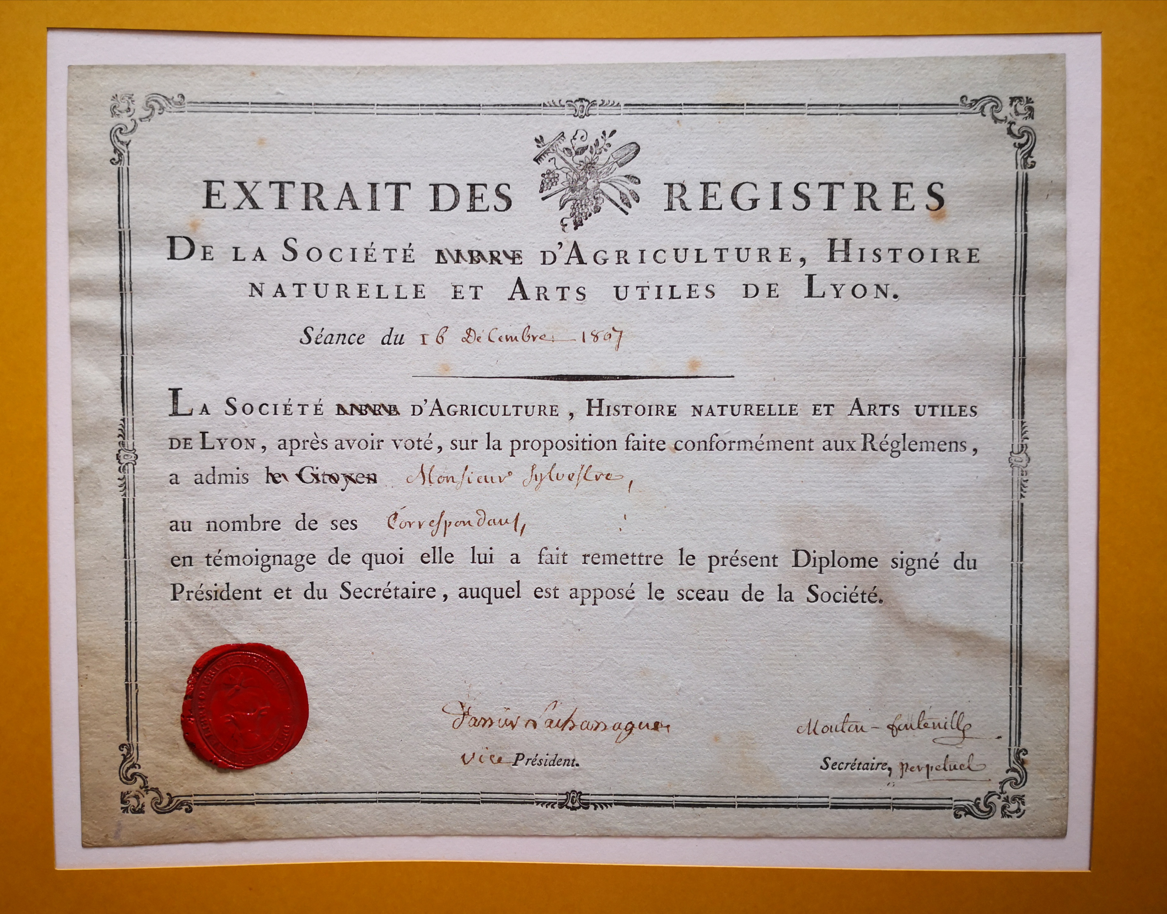  Diplôme de correspondant de de la Société d