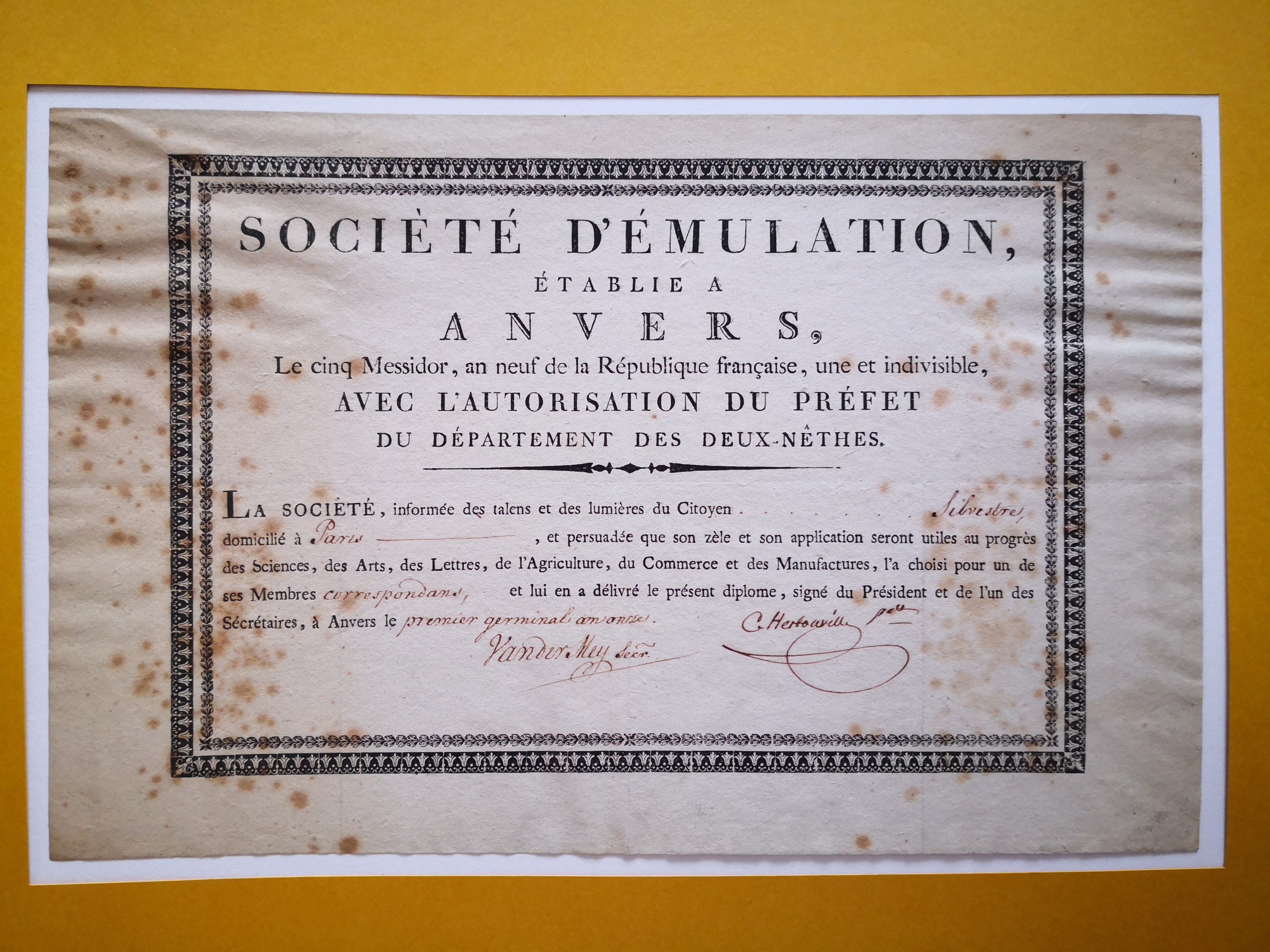  Diplôme de membre correspondant de la Société d