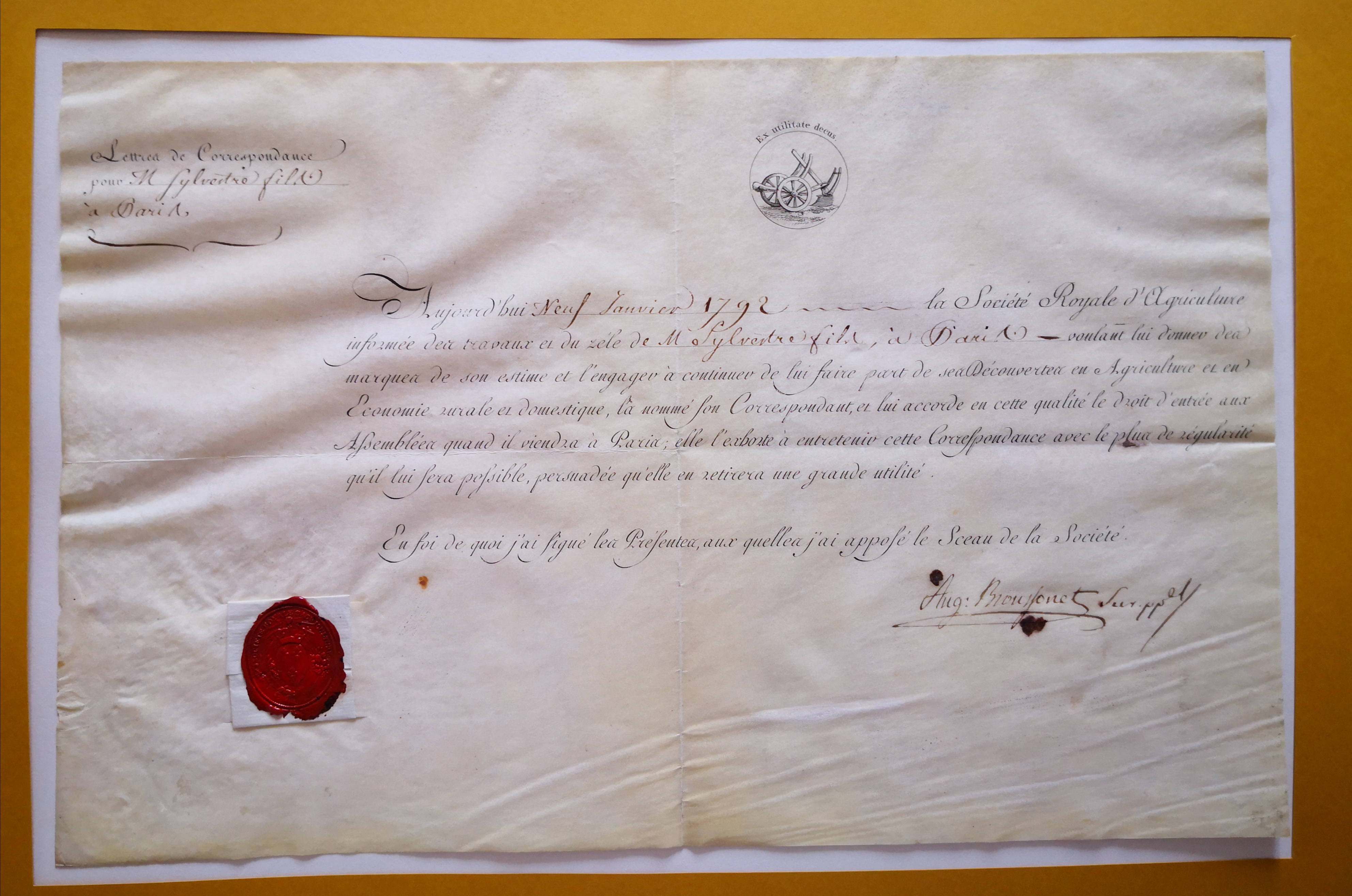  Nomination de Augustin-François de Silvestre comme correspondant de la Société Royale d