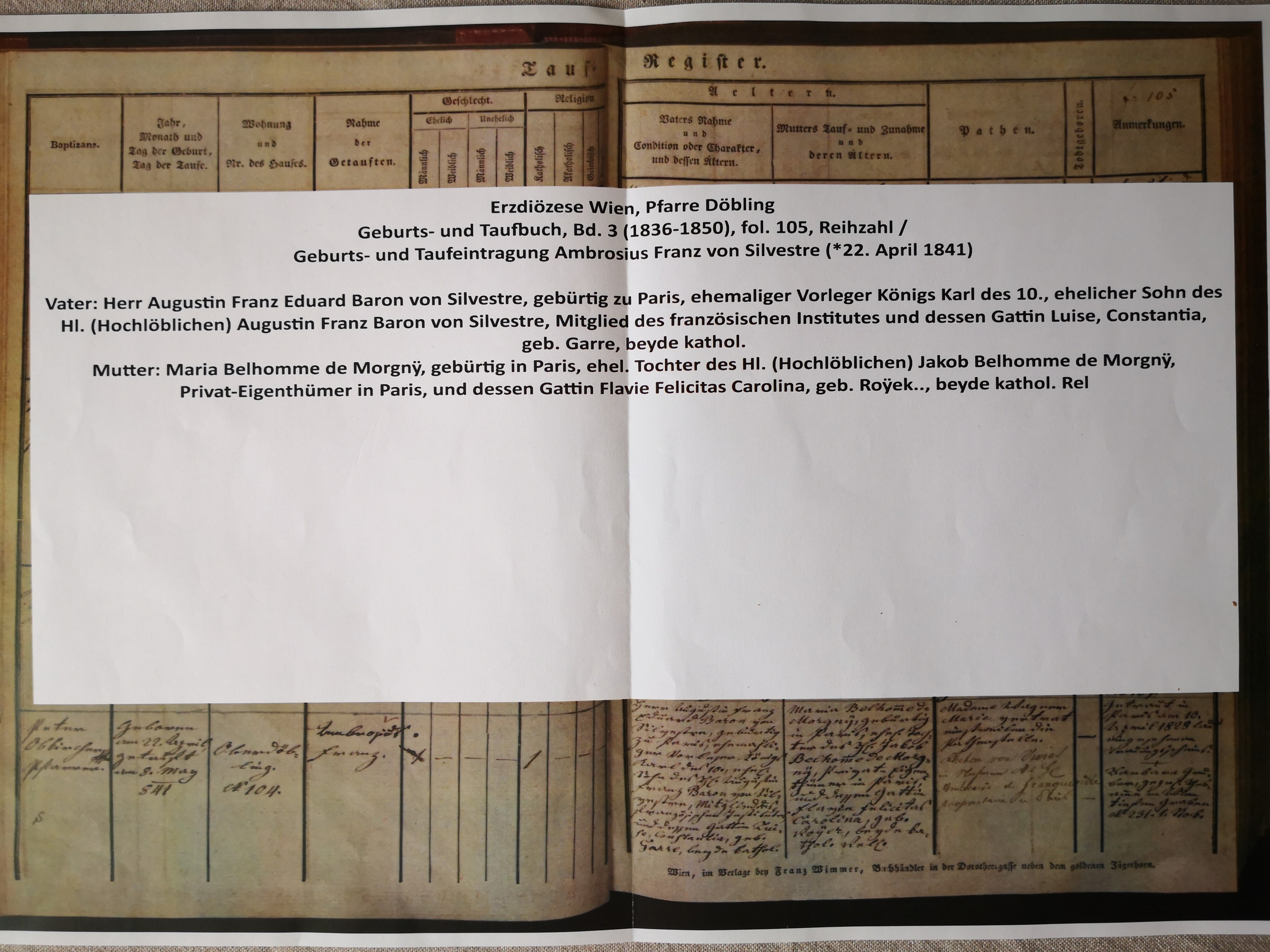  Acte de naissance et de baptème de Franz de Silvestre - Document 1