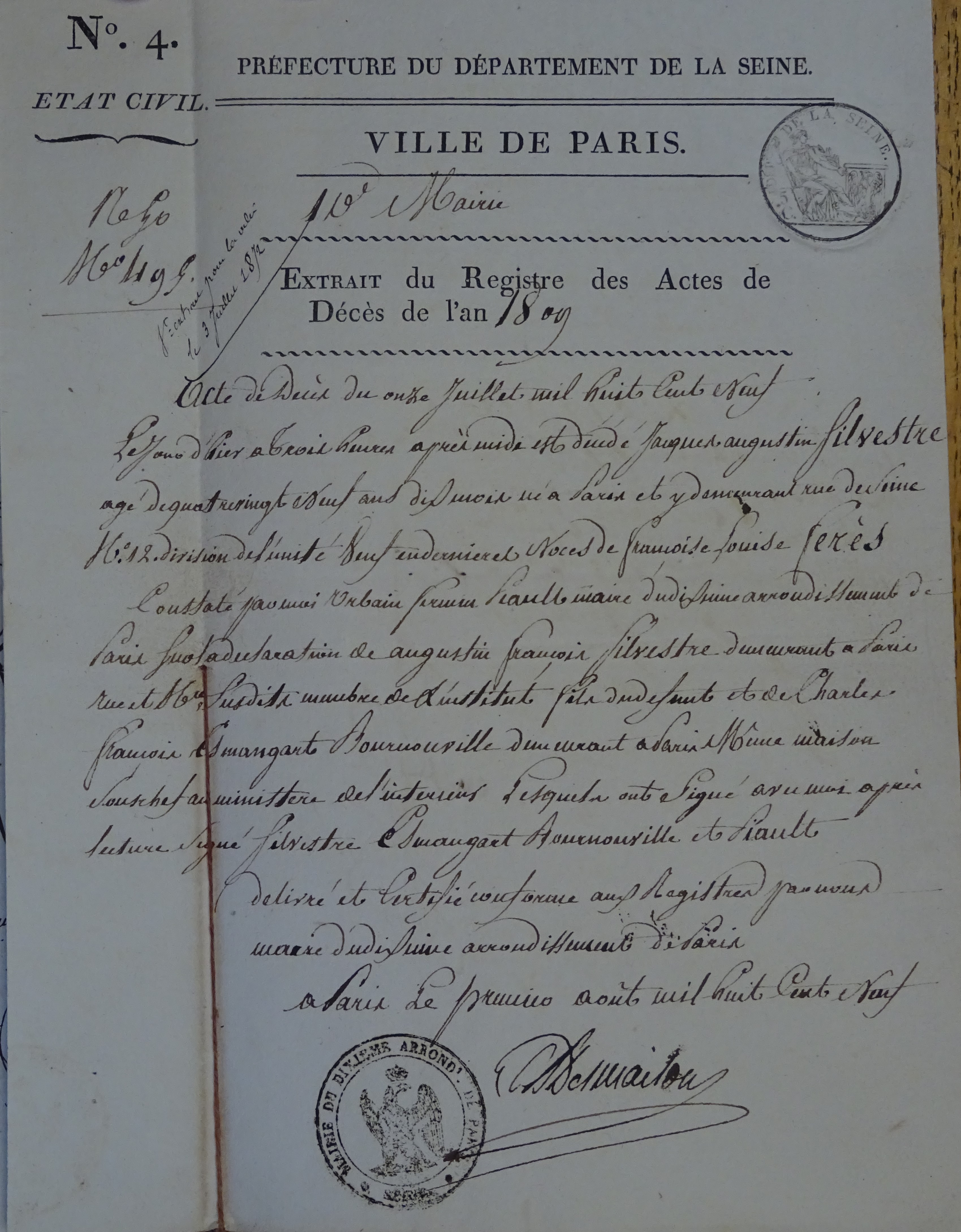  Acte de décès et notoriété - Jacques-Augustin de Silvestre - Acte de décès - Recto