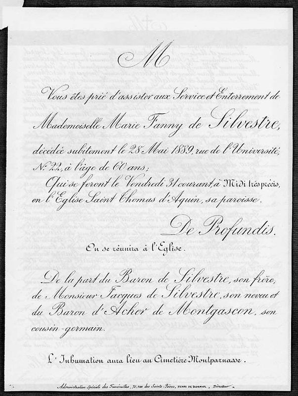  Faire part de décès de Marie Fanny de Silvestre - Document 1