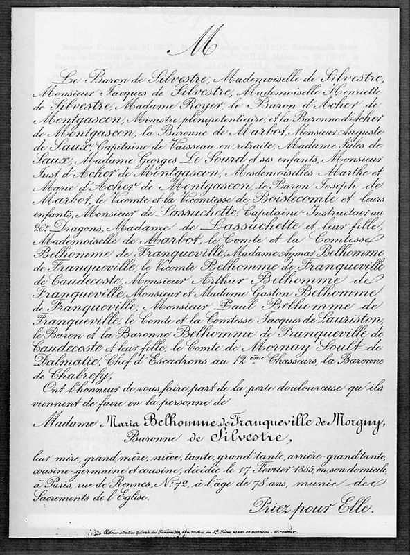  Faire part de décès de Maria Belhomme de Franqueville de Morgny - Document 1