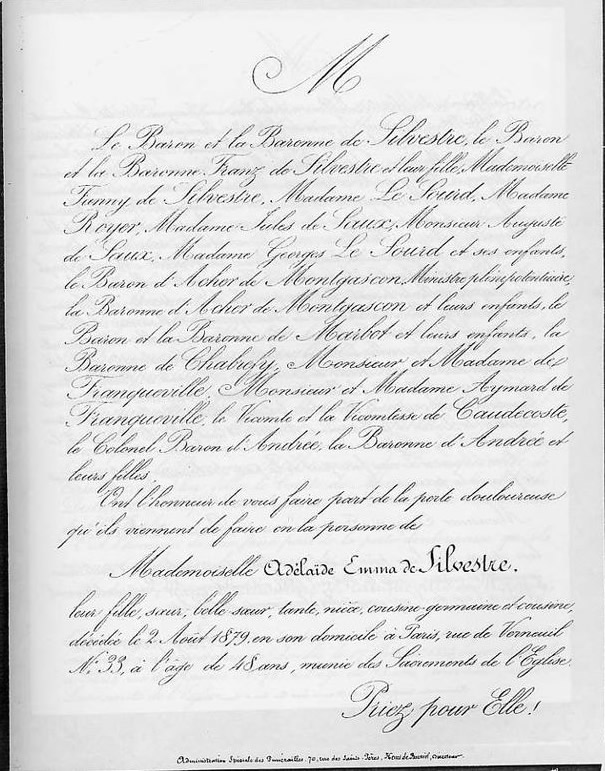  Faire-part de décès de Adélaïde Emma de Silvestre - Document 1