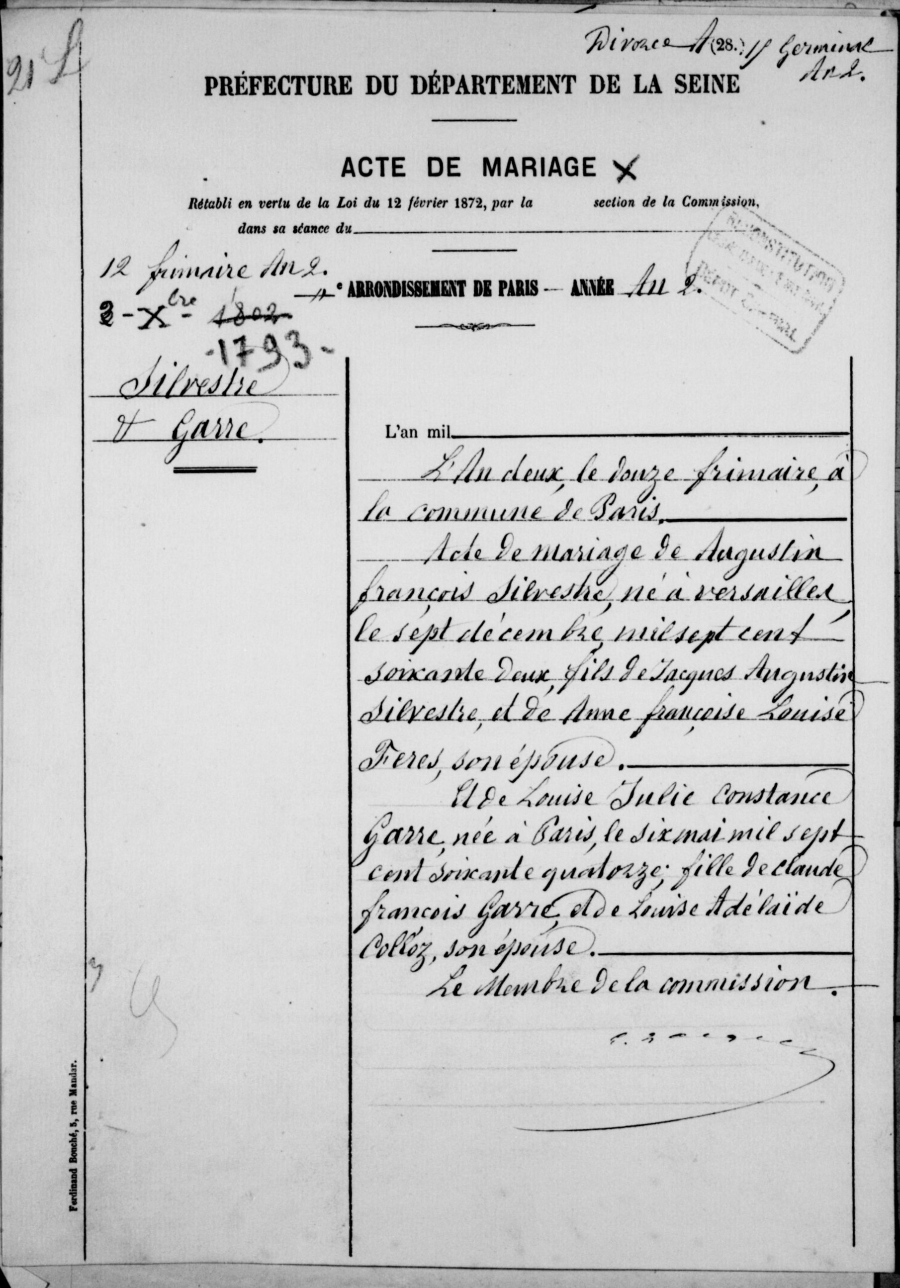 Acte de Mariage de Augustin-François de Silvestre et Constance Garre - Document 1