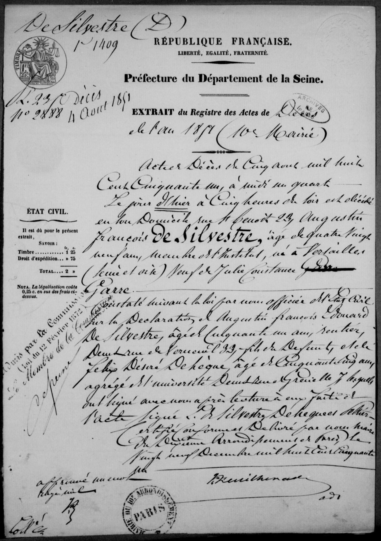 Acte de décès de Augustin François de Silvestre - Document 1