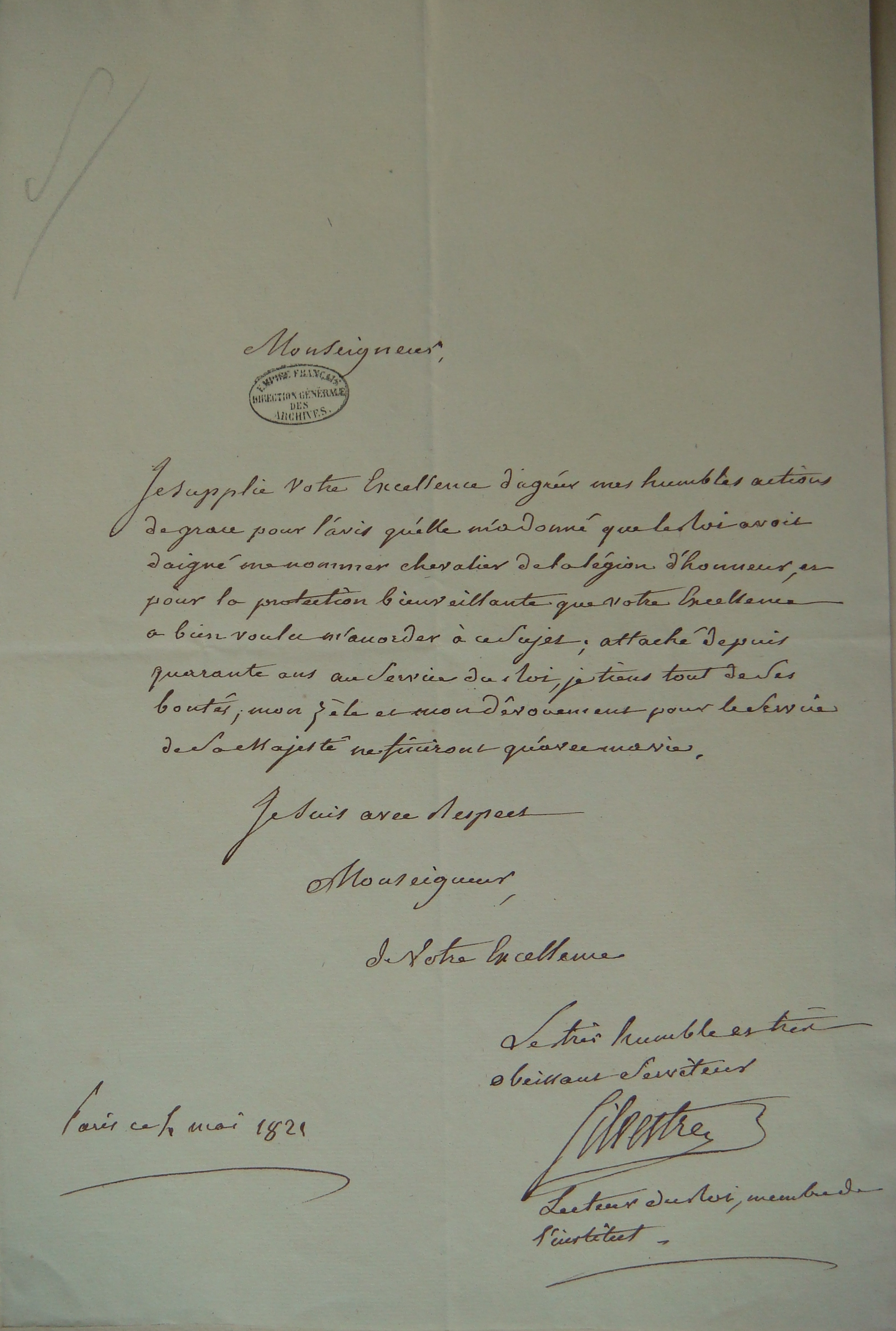 Remerciements de Augustin-François de Silvestreau duc d