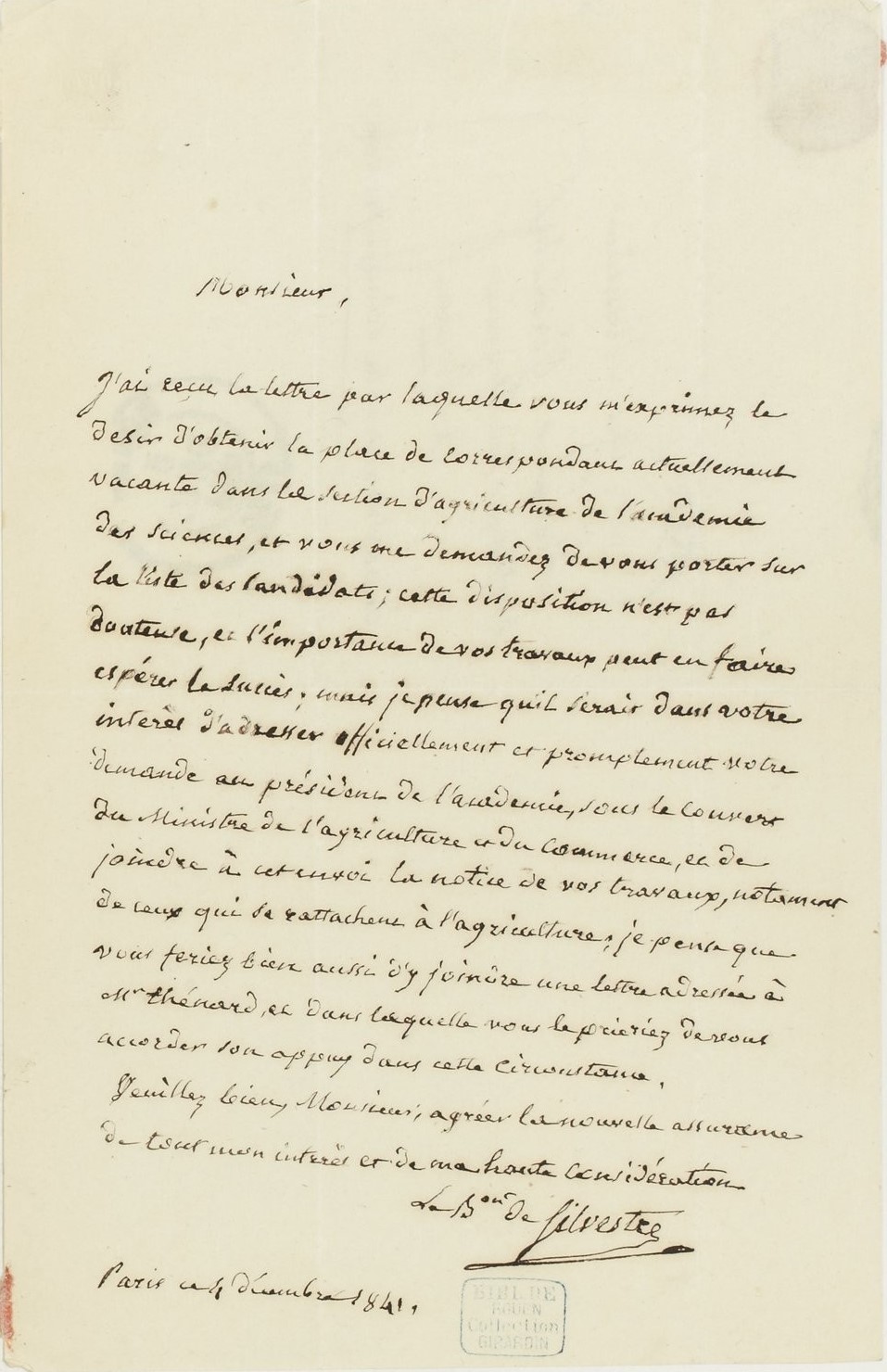  Lettre de Augustin-François de Silvestre à Jean Girardin - Document 1