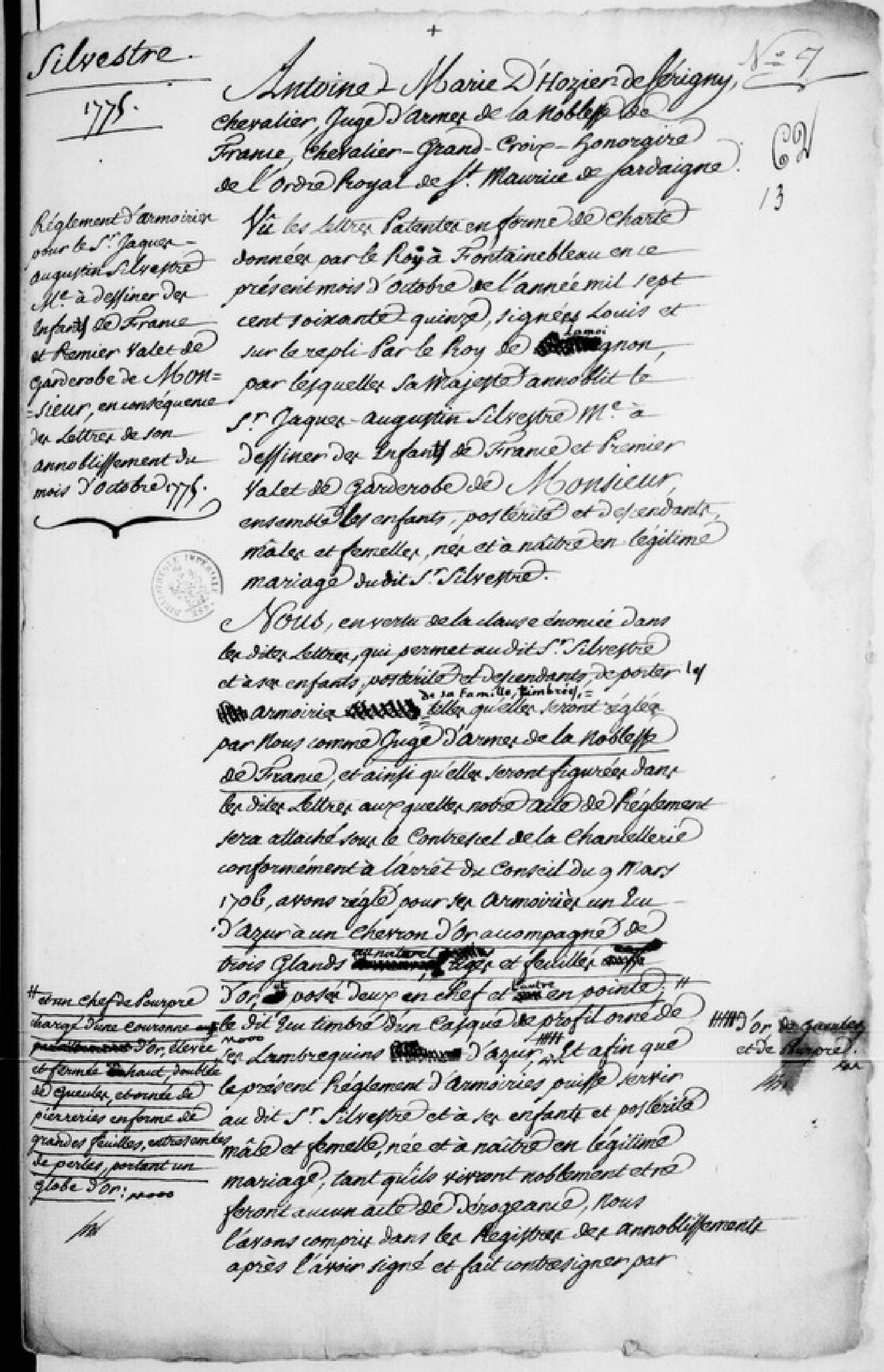  Réglement des armes de Jacques-Augustin de Silvestre - Recto