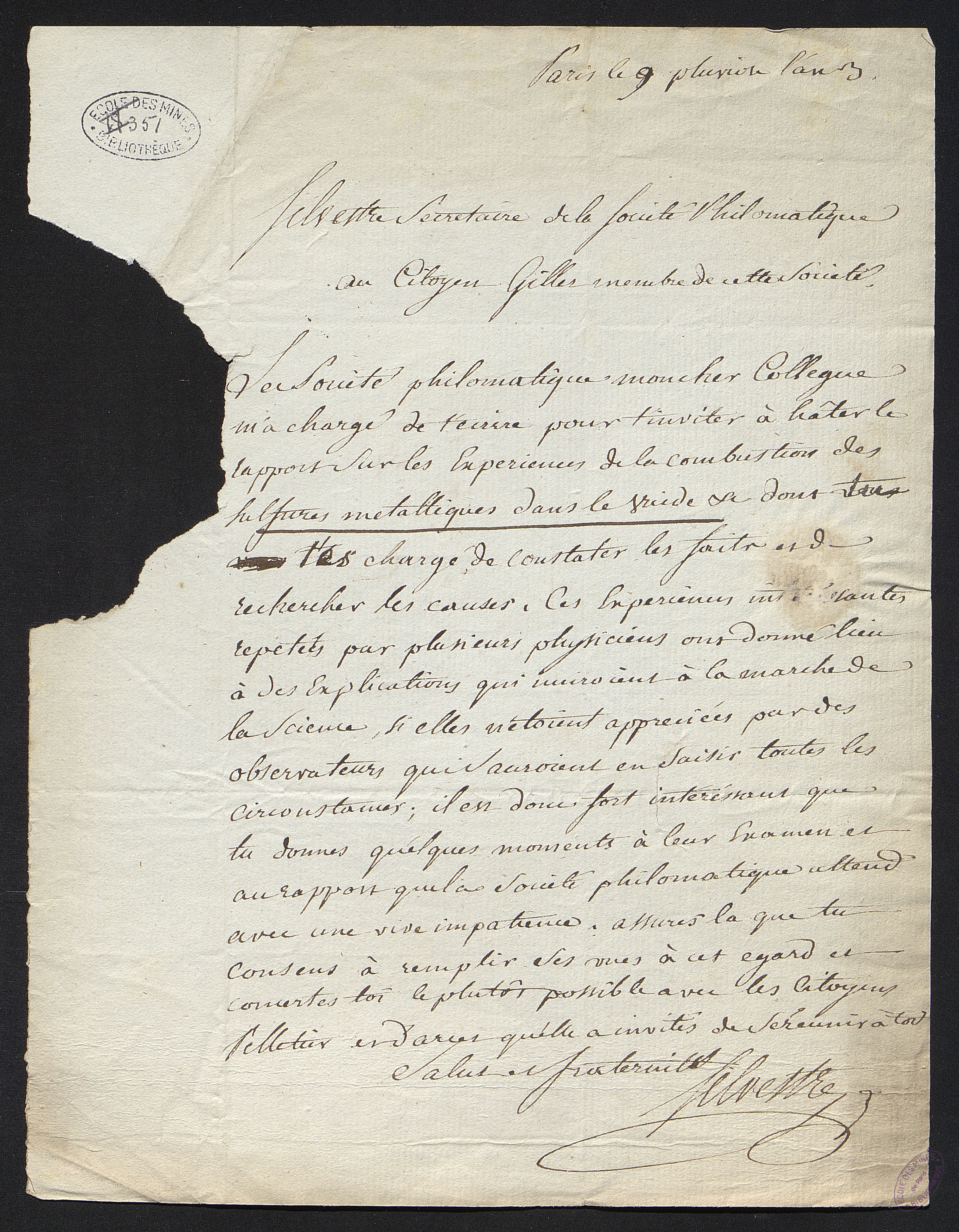  Lettre à M. Gillet pour demander le rapport sur la combustion des sulfure métalliques dans le vide - Lettre