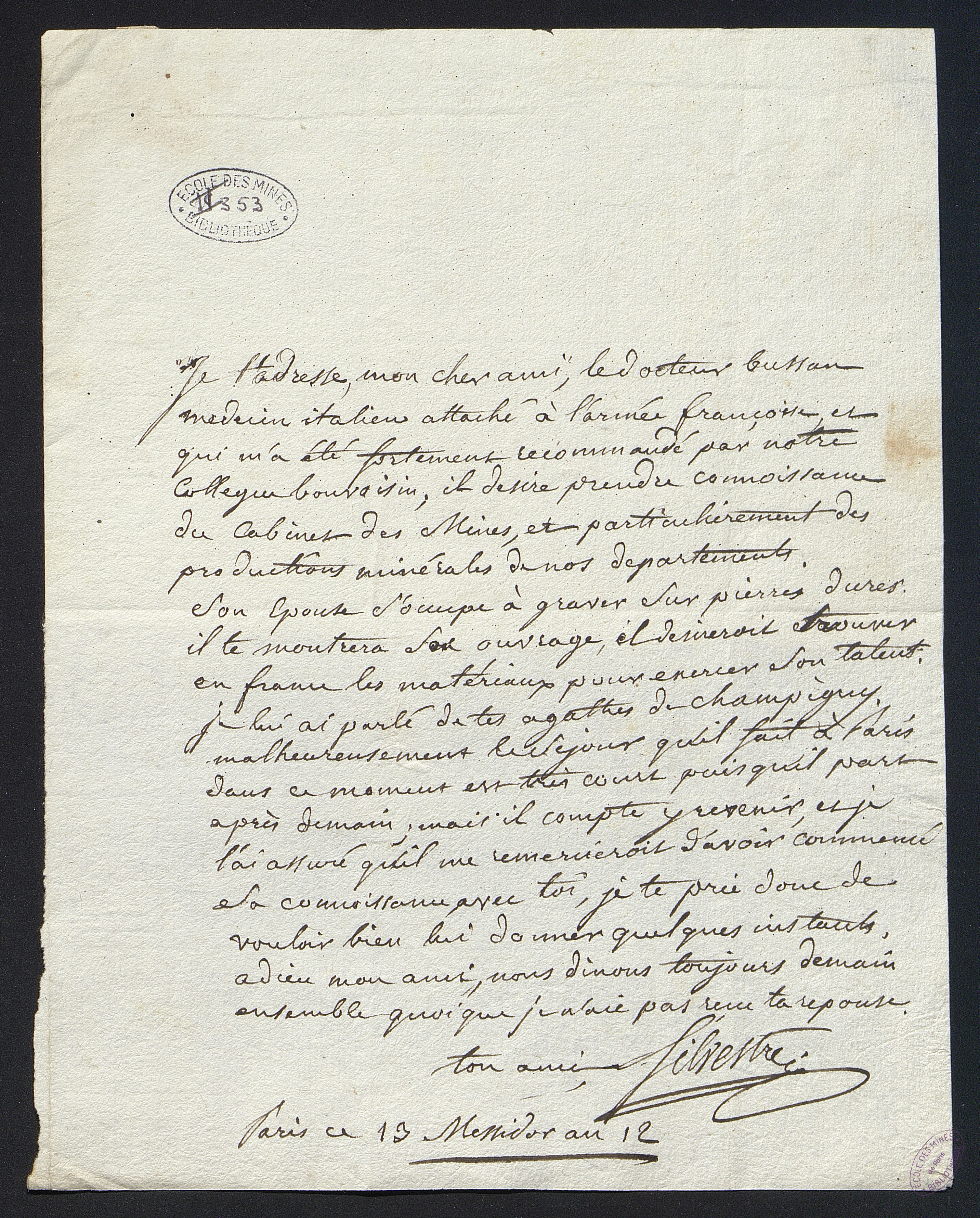  Lettre de recommandation du docteur Bussan, médecin italien, qui désire prendre connaisance du cabinet des mines. - Lettre