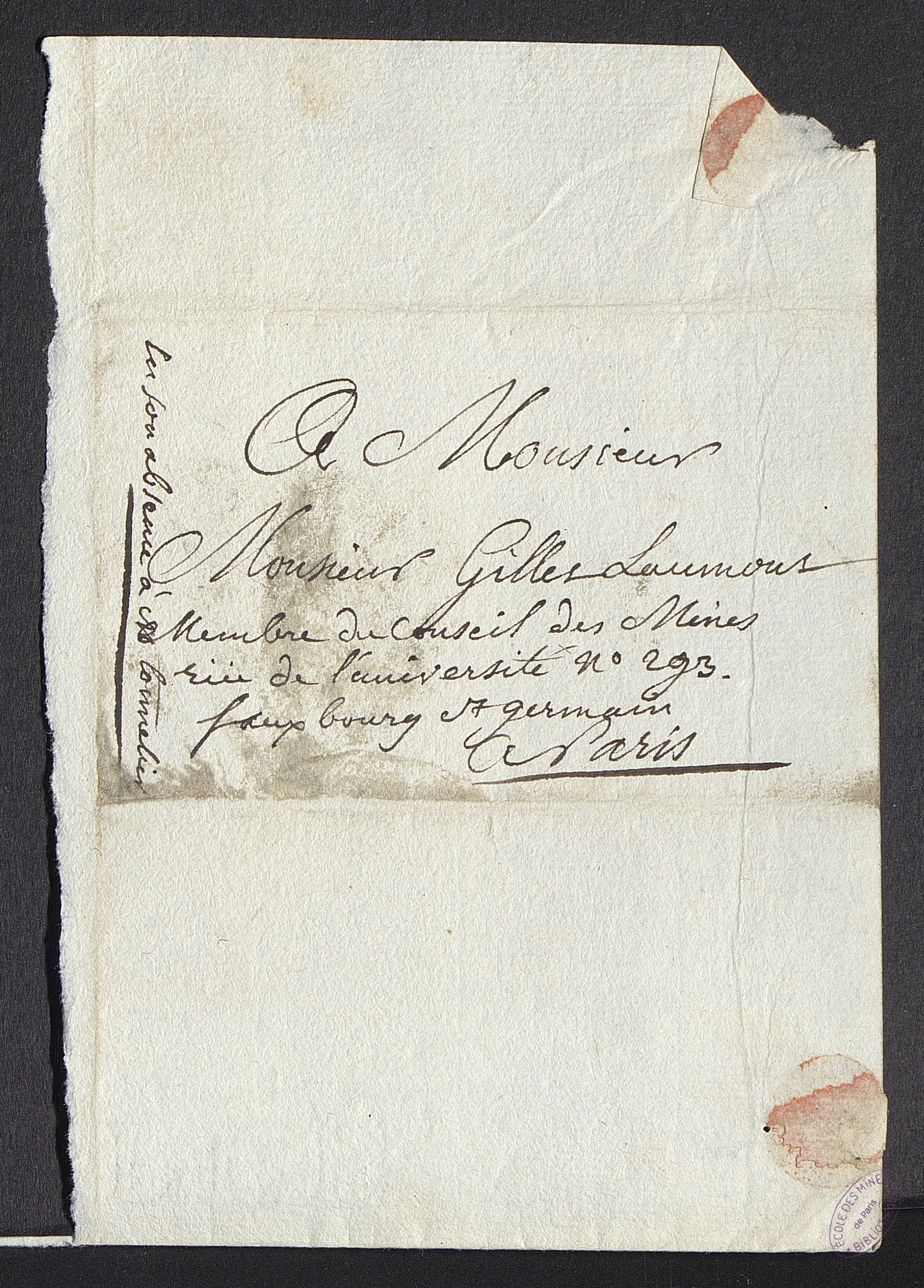  Lettre de recommandation du docteur Bussan, médecin italien, qui désire prendre connaisance du cabinet des mines. - Enveloppe