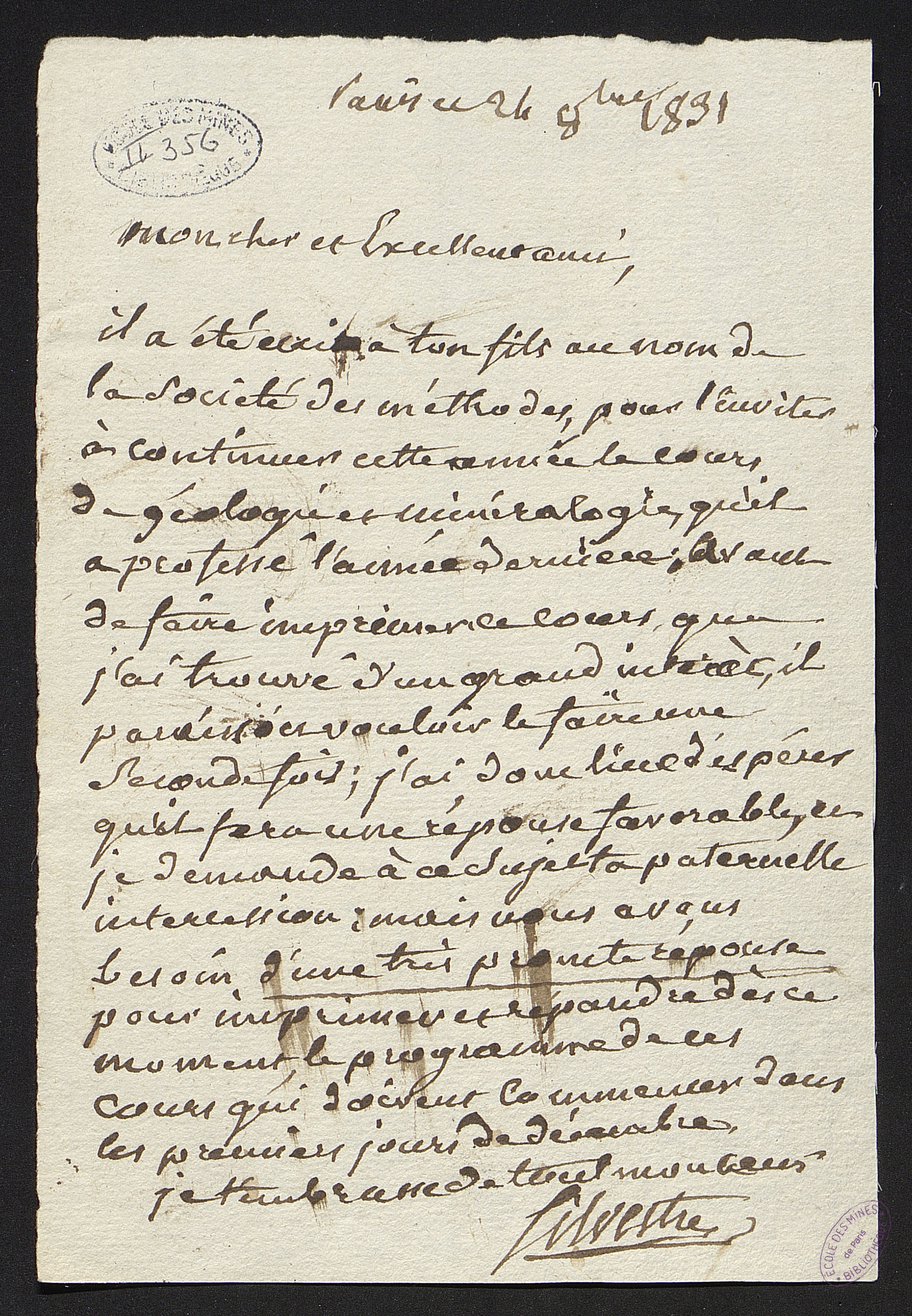  Lettre pour inviter le fils de M. Gillet de Laumont à refaire cette année le cours de géologie et de minéralogie - Lettre