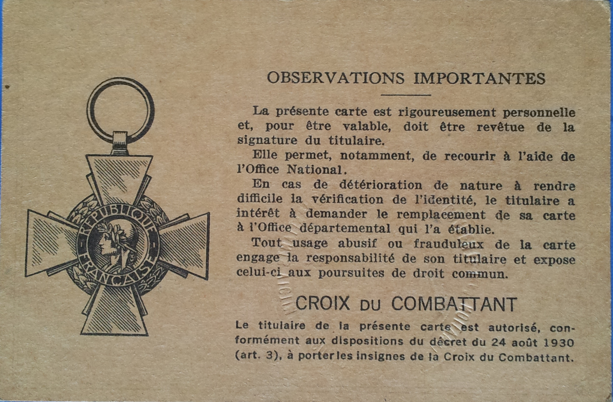 Carte du Combattant de Jacques de SILVESTRE - Document 2