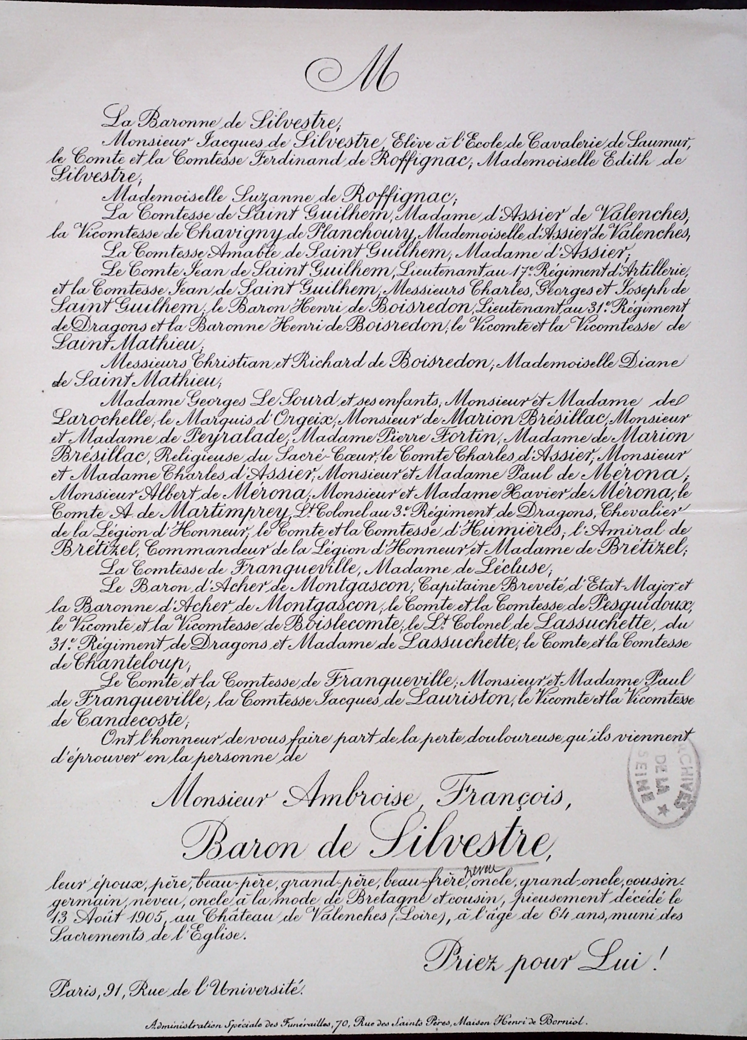 Faire par de décès Franz de Silvestre - Document 1