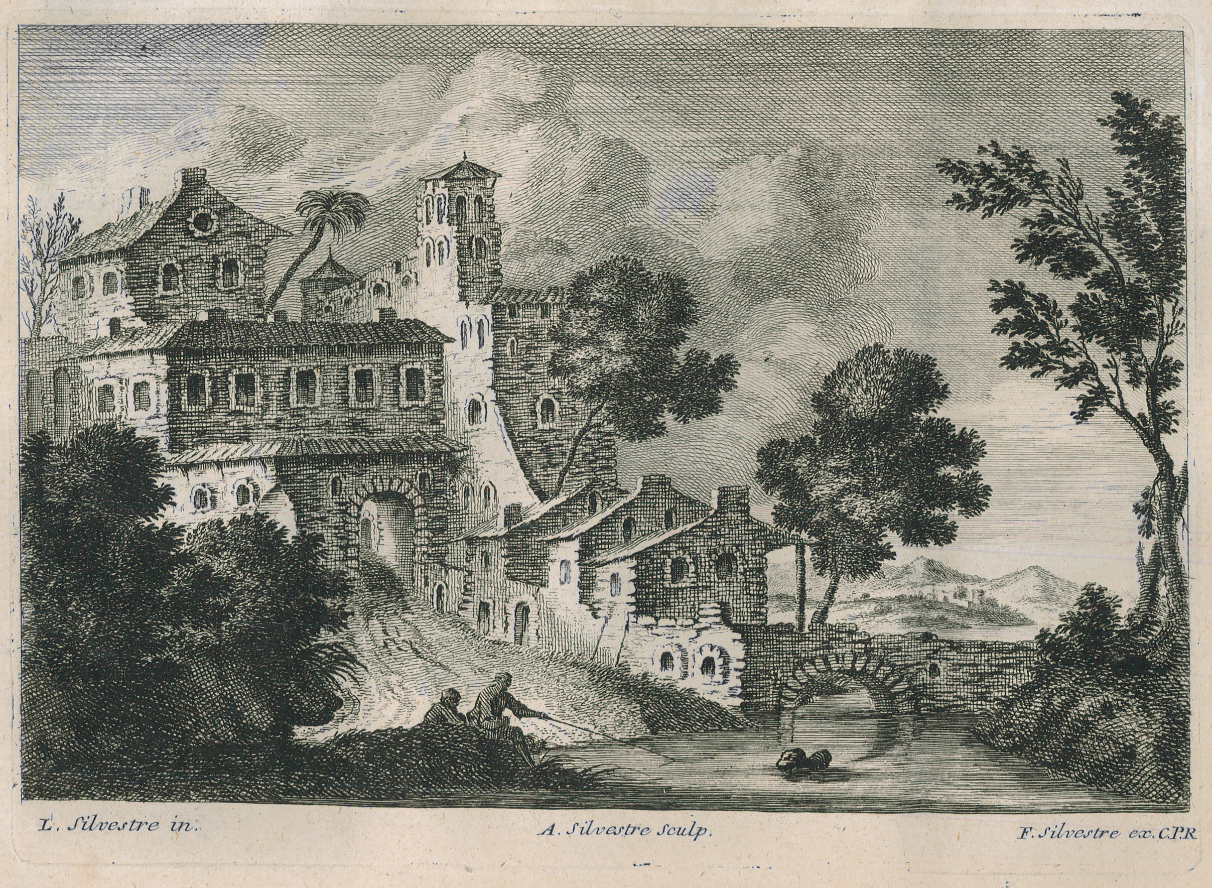 Village au bord d'une rivière avec un pont