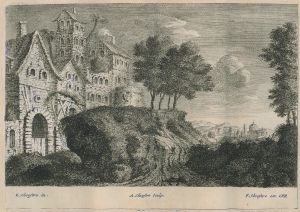 Village avec un gros rocher par Louis Silvestre - Alexandre Silvestre - Charles-François Silvestre