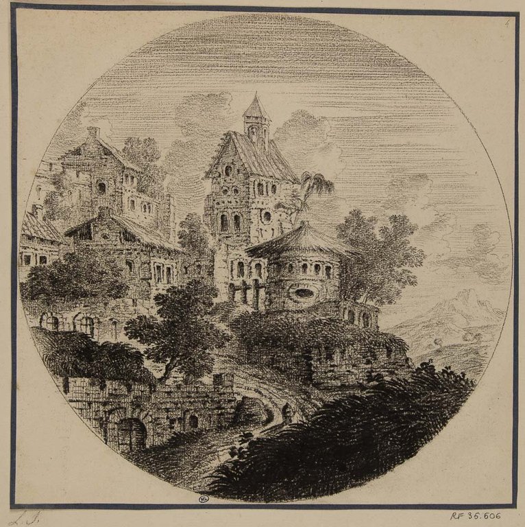 Village sur une colline dans un paysage de montagnes (étude)