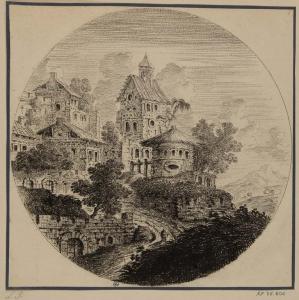 Village sur une colline dans un paysage de montagnes (étude) par Louis Silvestre