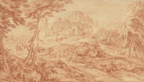 Paysage rocheux animé de personnages  par Louis Silvestre