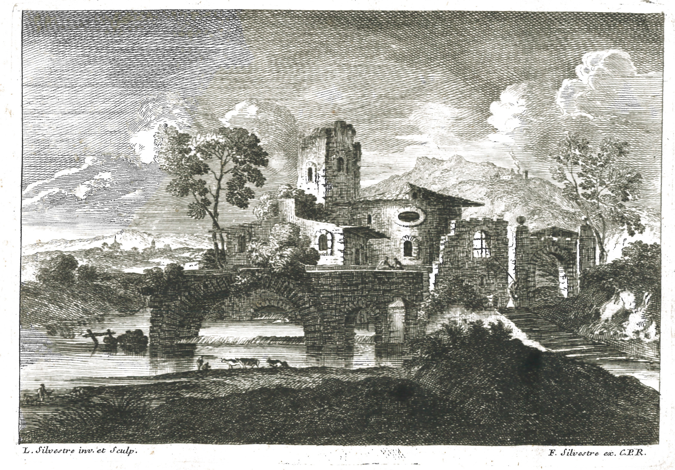 Hameau en ruine devant un pont aussi en ruine