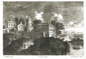 Hameau sur une falaise surplombant une rivière par Louis Silvestre - Charles-François Silvestre