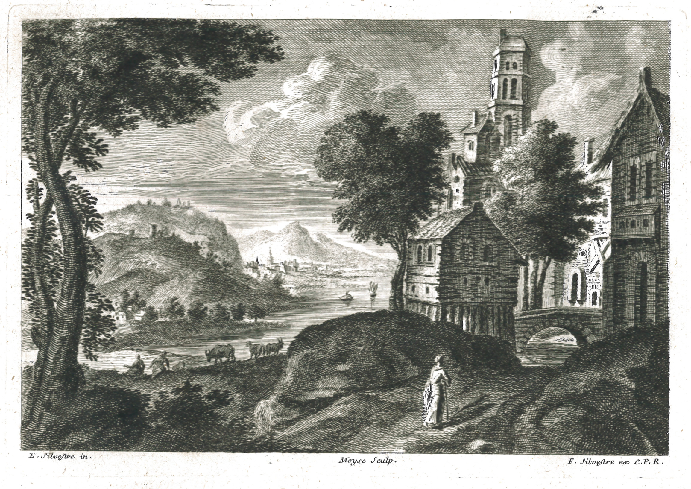 Village avec un haut clocher et une maison sur pilotis
