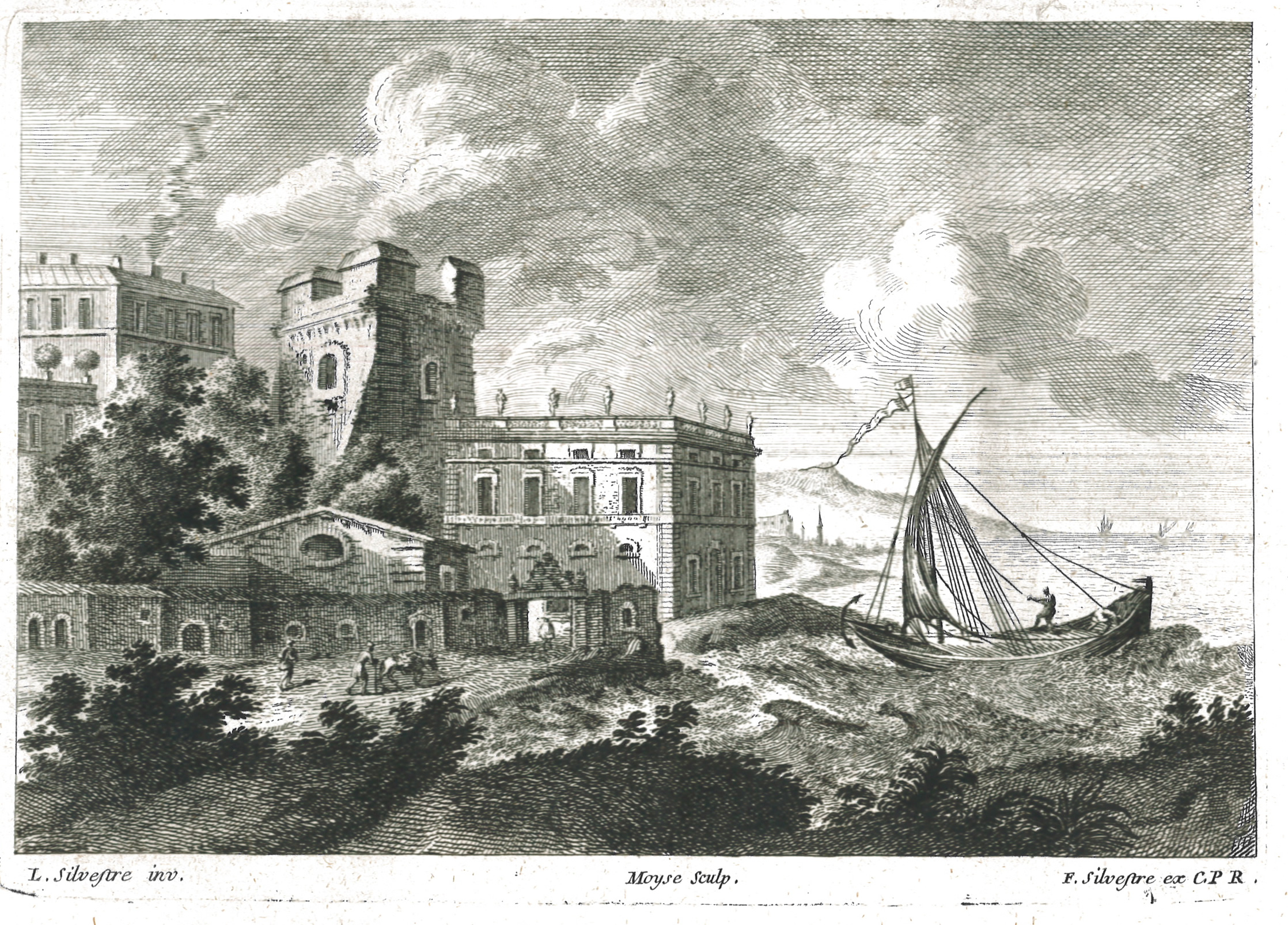 Palais à l'italienne en bord d'une mer agitée