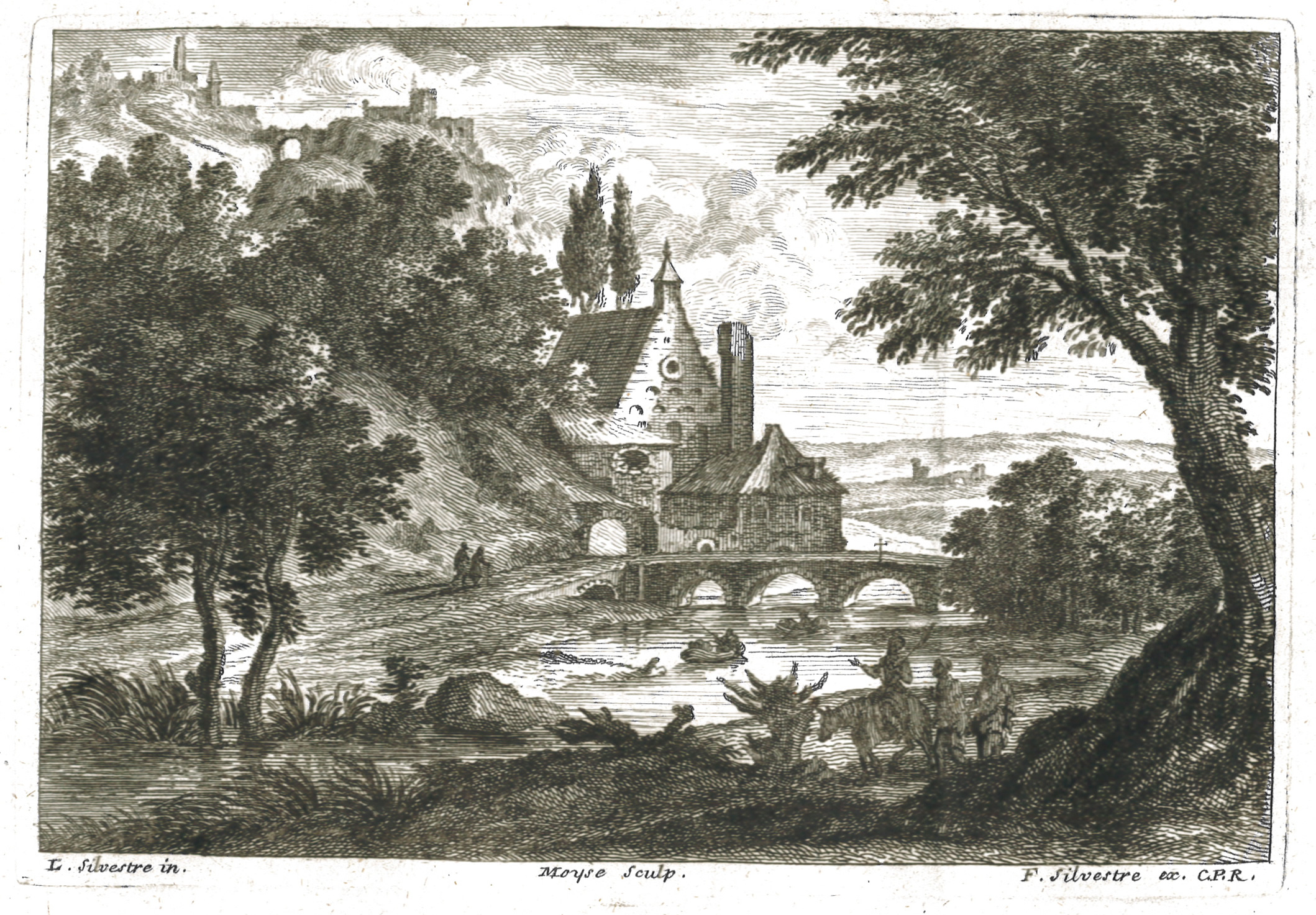 Chaumière et église derrière un pont