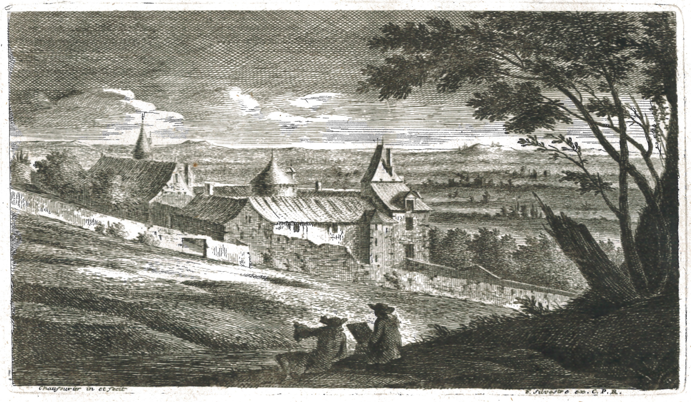 Village à flanc de coteau et dessinateur