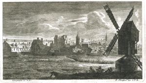 Moulin à vent devant une ville par Charles-François Silvestre