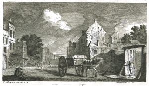 Charrette dans la rue d'une ville par Charles-François Silvestre