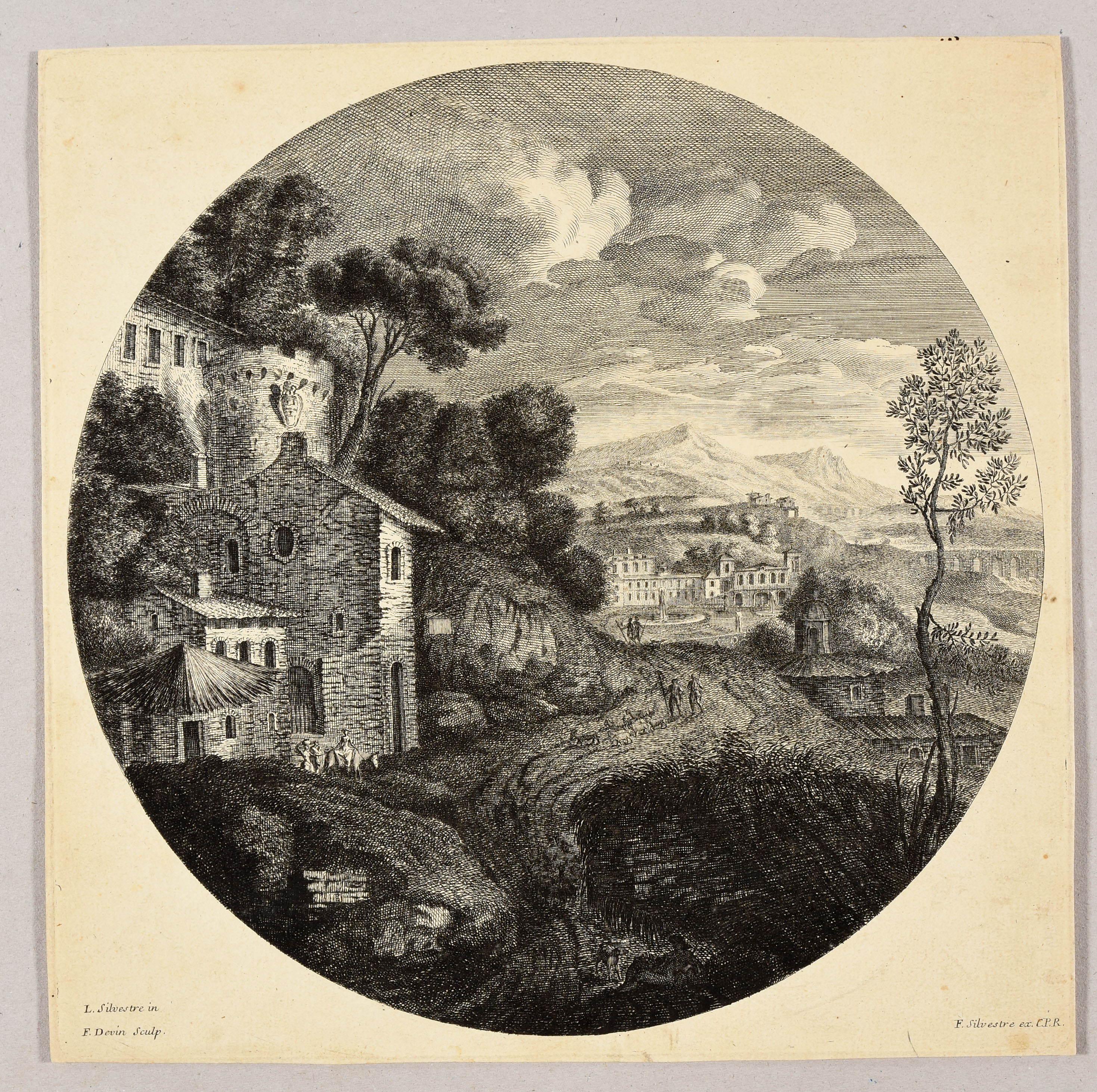 Paysage avec à gauche un chateau et au fond une place avec une fontaine