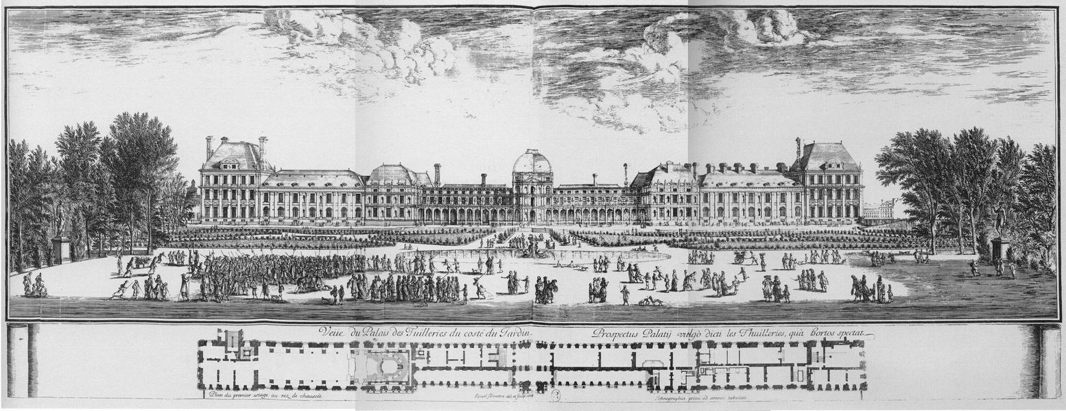 Israël Silvestre : Veue et perspective du Palais des Tuilleries du costé du Jardin Avec le Plan du Premier estage au rez de Chaussée.