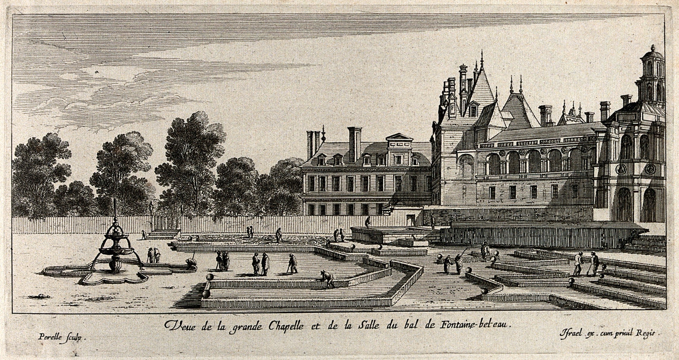 Israël Silvestre : Veue de la grande Chapelle et de la Salle du bal de Fontaine-bel-eau.