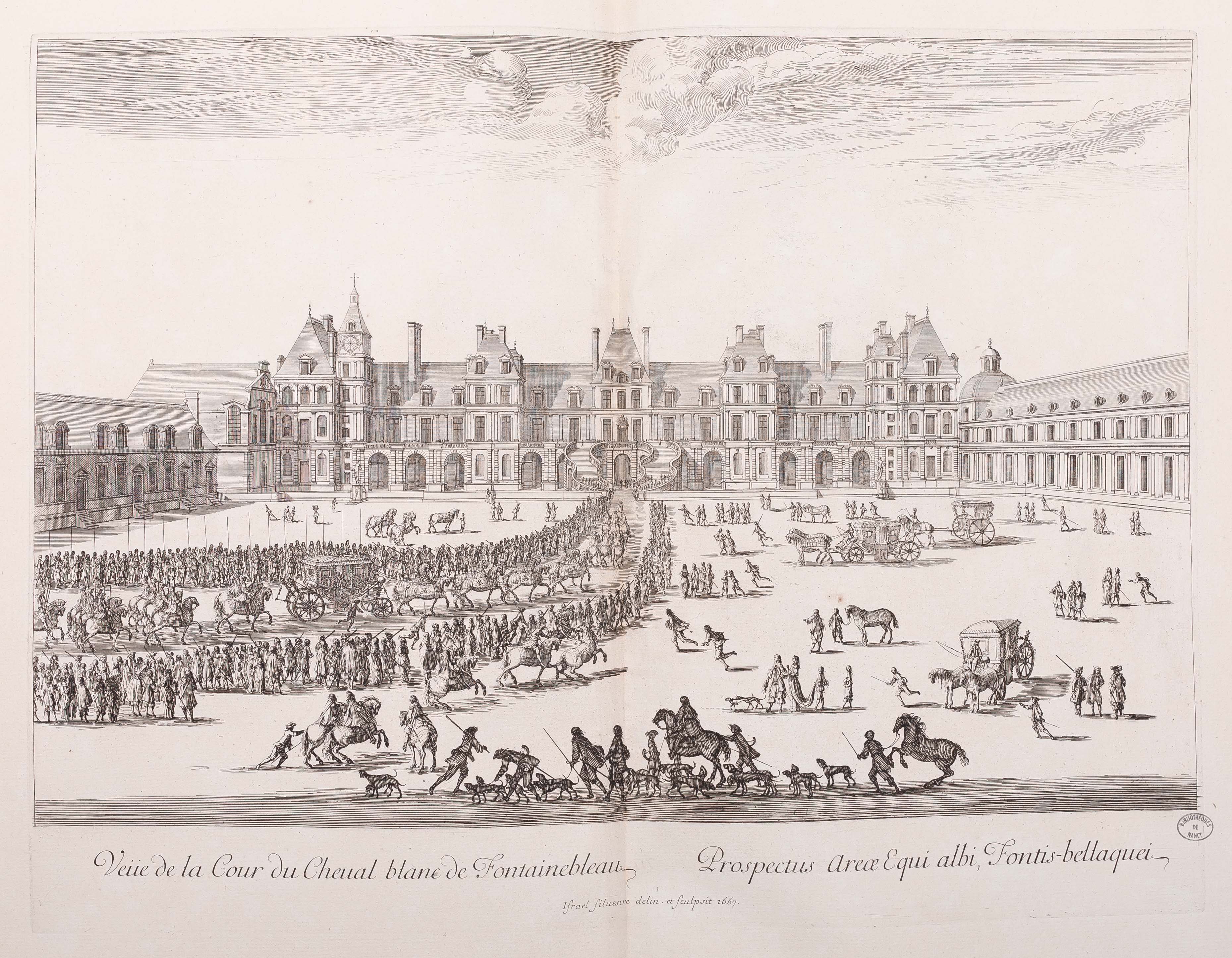 Israël Silvestre : Veue de la cour du cheval blanc de fontaine Belleau.